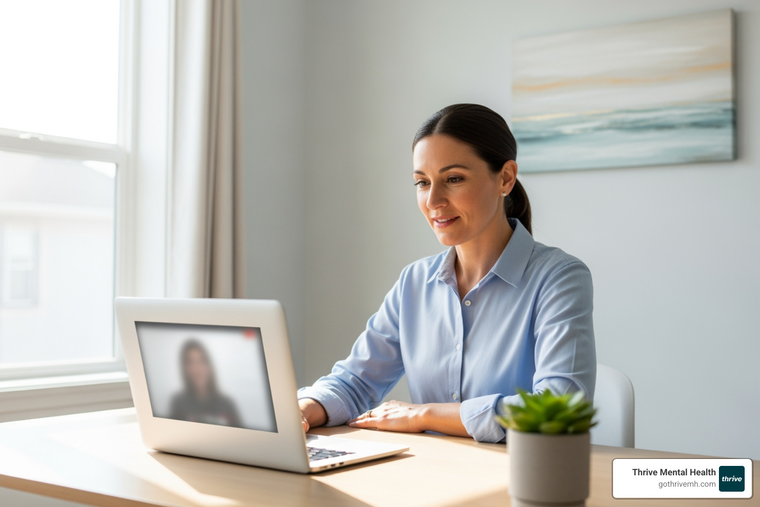 Professional using laptop for virtual therapy at home - therapy for working adults Professional using laptop for virtual therapy at home - therapy for working adults