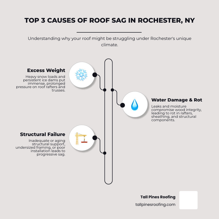 Infographic showing the top three causes of roof sagging in Rochester NY: heavy snow load and ice dams causing excess weight on roof structure, water damage and rot from persistent leaks compromising rafters and sheathing, and inadequate structural support from undersized or aging framing members - how to fix sagging roof rochester ny infographic infographic-line-3-steps-elegant_beige