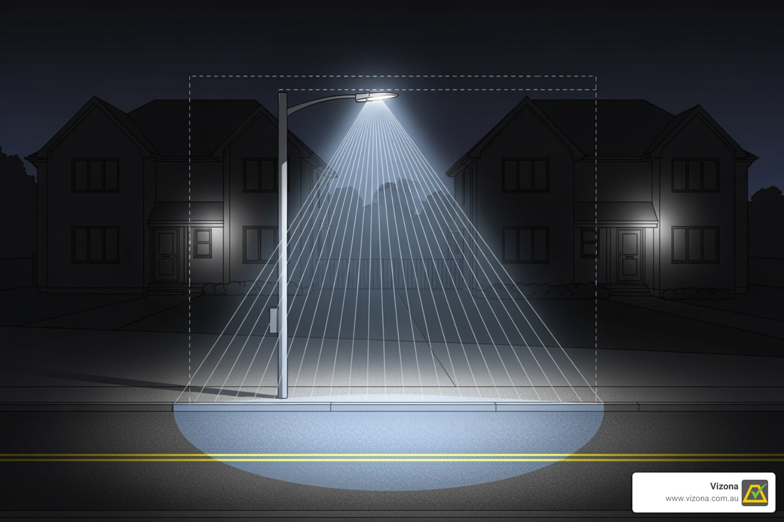 An illustration showing how proper LED roadway lighting design minimises light trespass into residential properties - LED roadway lighting