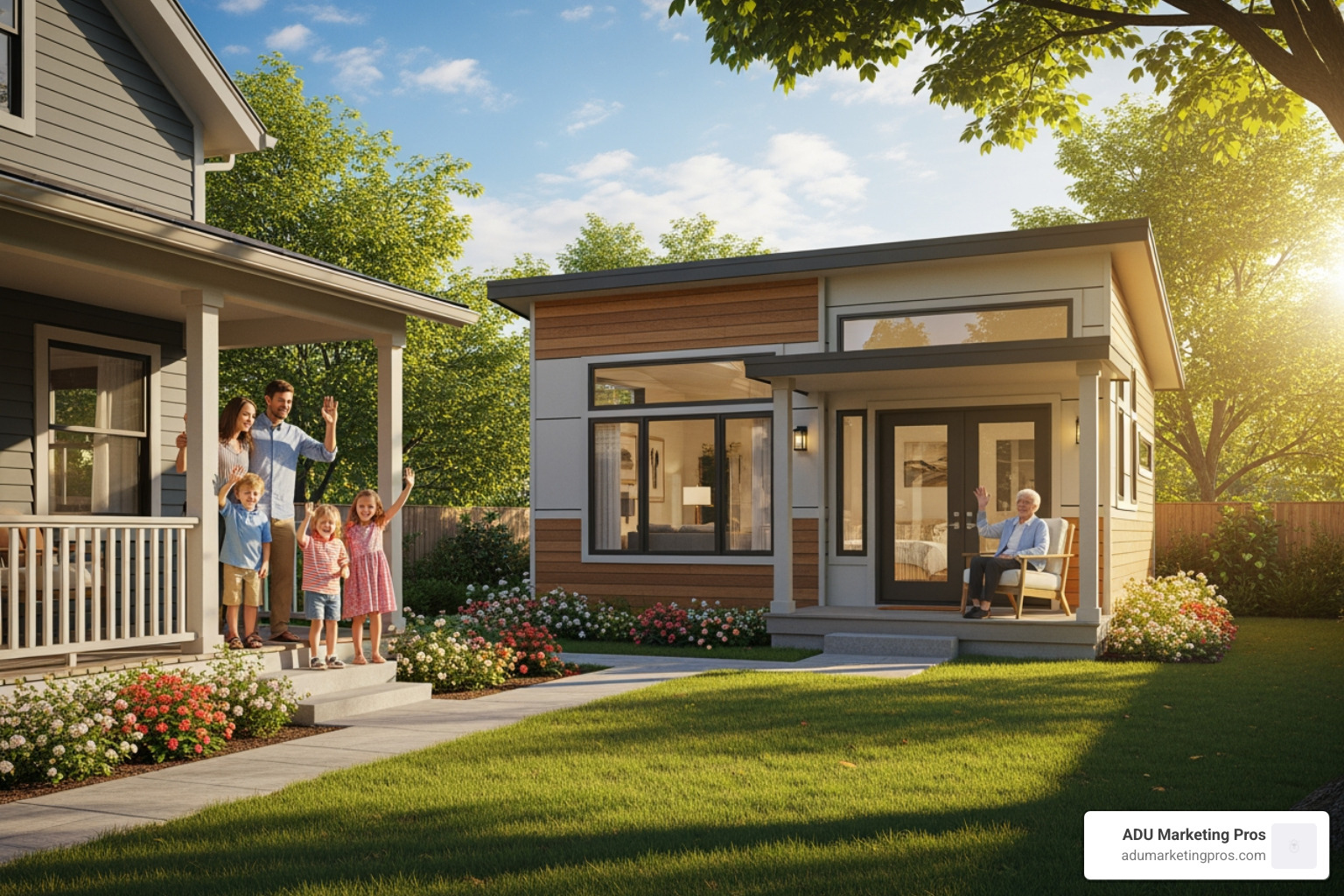 Family waving from the porch of their main house to a grandparent on the porch of a nearby ADU - adu floor plan designs Family waving from the porch of their main house to a grandparent on the porch of a nearby ADU - adu floor plan designs