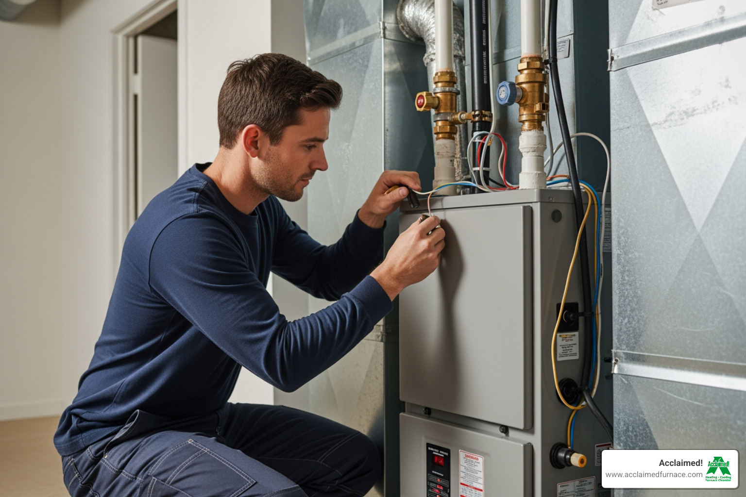 certified HVAC technician meticulously installing a new furnace unit, connecting pipes and wires - heating and cooling installation sherwood park ab certified HVAC technician meticulously installing a new furnace unit, connecting pipes and wires - heating and cooling installation sherwood park ab