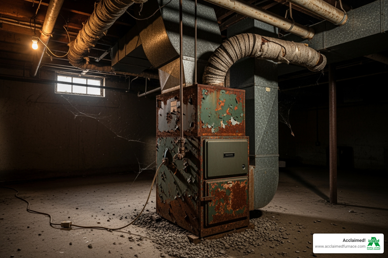 old rusted furnace unit in a dimly lit basement - heating and cooling installation sherwood park ab old rusted furnace unit in a dimly lit basement - heating and cooling installation sherwood park ab