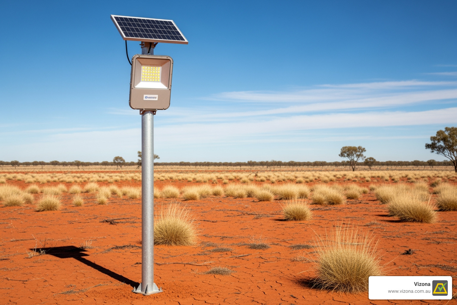 A robust LED solar light pole standing strong against a backdrop of a harsh Australian outback landscape, with red earth and clear skies - LED solar light A robust LED solar light pole standing strong against a backdrop of a harsh Australian outback landscape, with red earth and clear skies - LED solar light