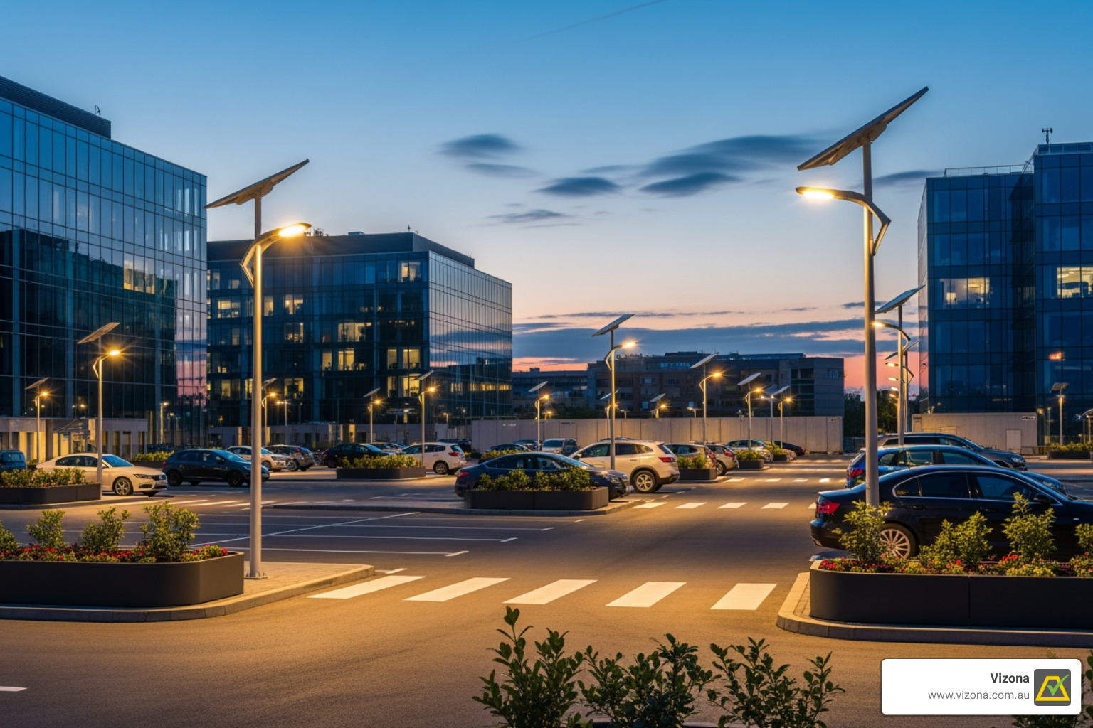 Solar lights illuminating a car park at dusk in an Australian urban setting, showcasing safety and modern design - LED solar light Solar lights illuminating a car park at dusk in an Australian urban setting, showcasing safety and modern design - LED solar light