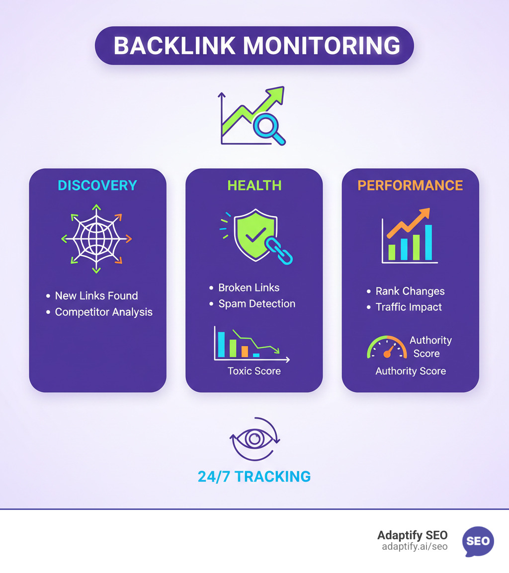 infographic explaining the process of backlink monitoring from findy to action - SEO backlink monitoring infographic