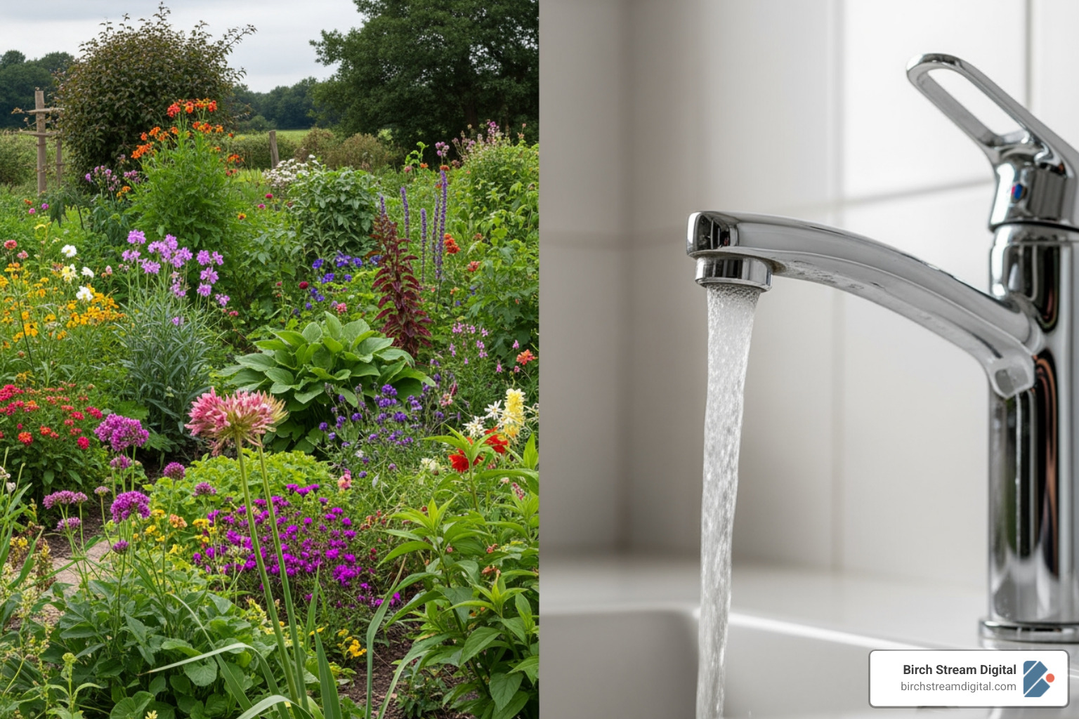 side by side comparison of a garden (SEO) and a faucet (PPC) - organic search agency