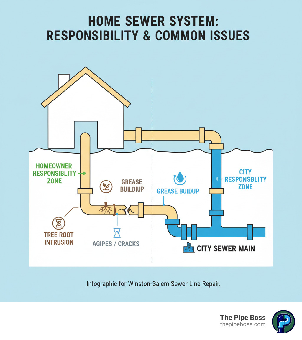 infographic showing a cross-section of a home's sewer system, with the private lateral line running from the house foundation to the city sewer main in the street, labeled to show homeowner responsibility zone versus city responsibility zone, plus icons indicating common problem areas like tree root zones and aging pipe sections - Winston-Salem Sewer Line Repair infographic infographic showing a cross-section of a home's sewer system, with the private lateral line running from the house foundation to the city sewer main in the street, labeled to show homeowner responsibility zone versus city responsibility zone, plus icons indicating common problem areas like tree root zones and aging pipe sections - Winston-Salem Sewer Line Repair infographic