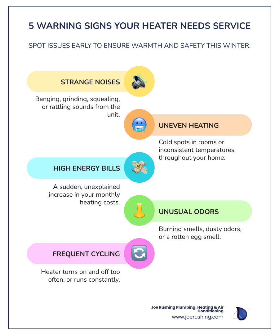 Infographic showing 5 common warning signs your heater needs service: unusual noises like banging or squealing, uneven heating or cold spots in rooms, sudden spike in energy bills, strange burning or musty odors, and frequent on-off cycling - heating repair lubbock tx infographic infographic-line-5-steps-colors
