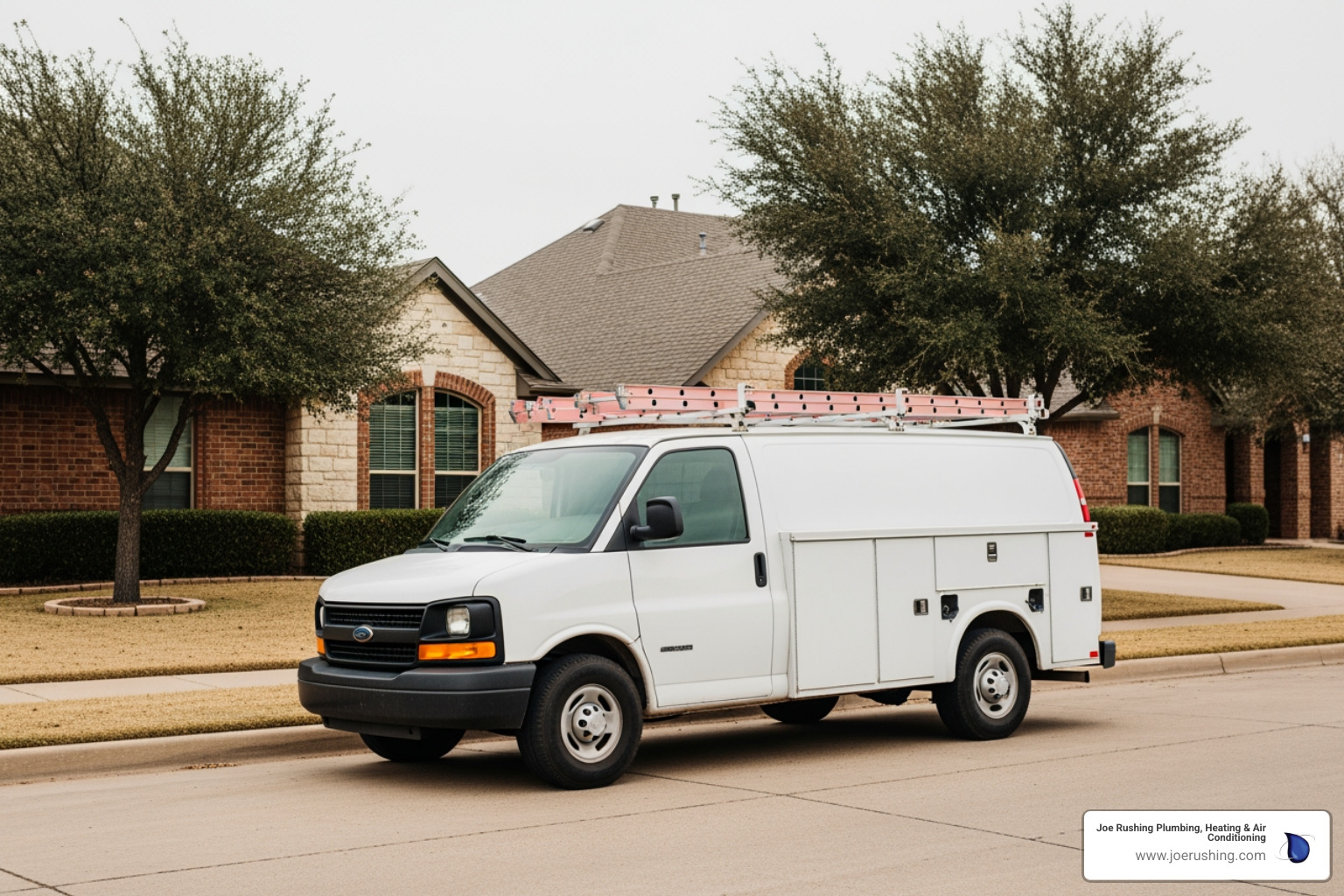 A professional service van for a heating and air conditioning company parked in a residential Lubbock neighborhood - heating repair lubbock tx