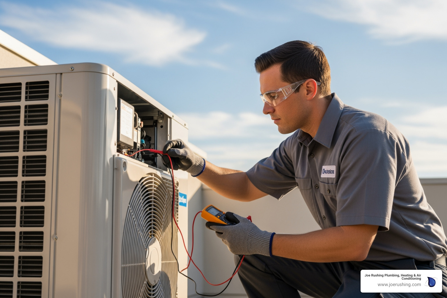 A technician performing maintenance on a clean outdoor HVAC unit against a clear sky, symbolizing proactive care - heating repair lubbock tx