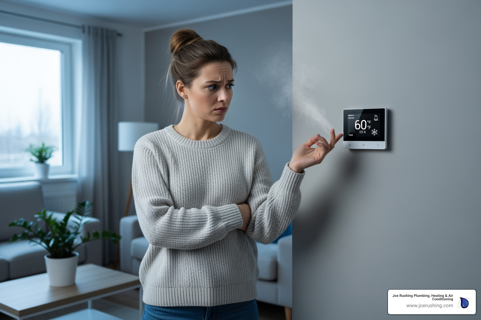 A homeowner looking at a thermostat with a confused expression, wondering why their home isn't warm - heating repair lubbock tx