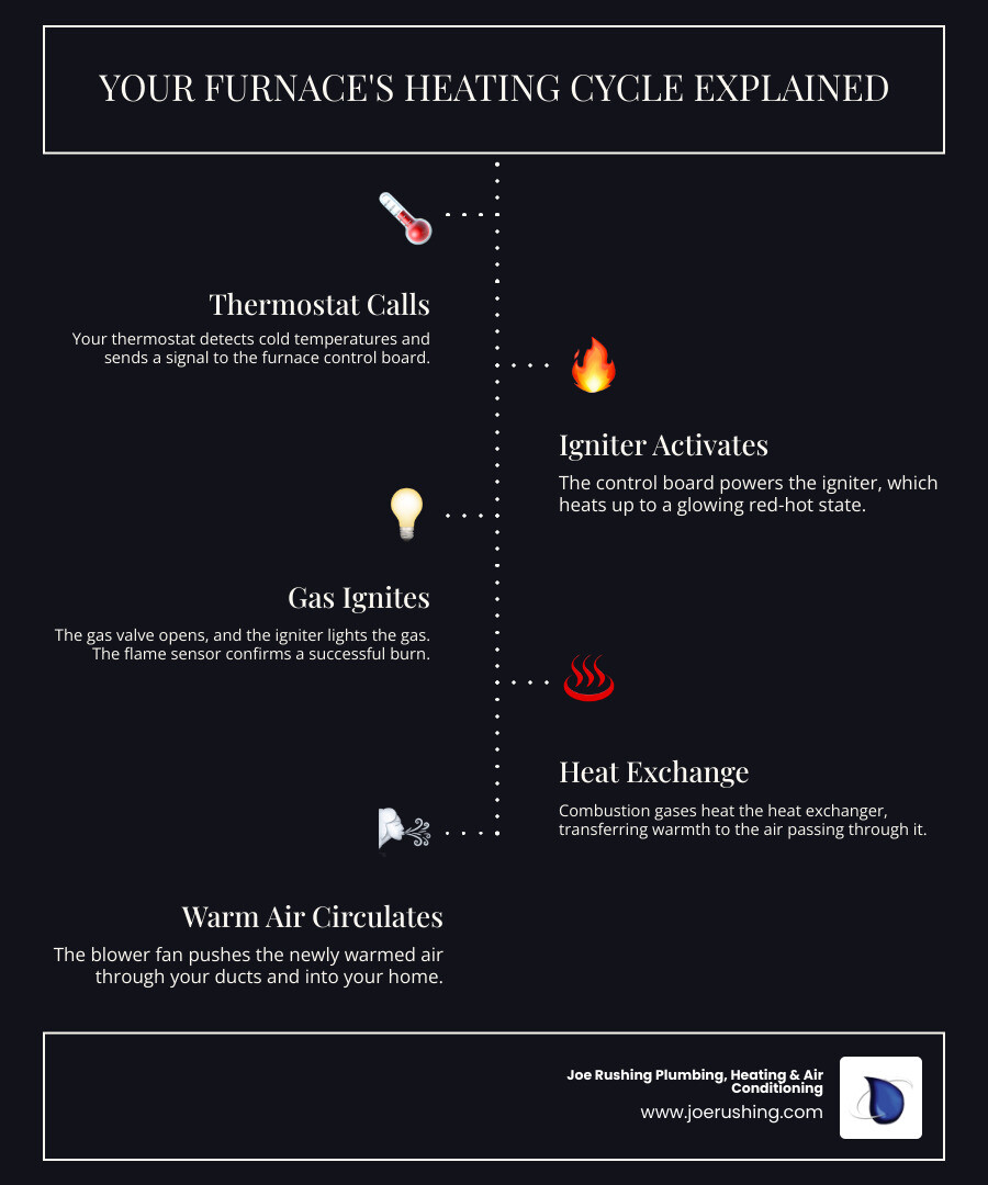 Infographic showing the furnace heating cycle: thermostat calls for heat, control board signals igniter, igniter glows red-hot, gas valve opens, flame sensor confirms ignition, heat exchanger warms air, blower circulates warm air throughout home - furnace igniter repair in lubbock tx infographic infographic-line-5-steps-dark Infographic showing the furnace heating cycle: thermostat calls for heat, control board signals igniter, igniter glows red-hot, gas valve opens, flame sensor confirms ignition, heat exchanger warms air, blower circulates warm air throughout home - furnace igniter repair in lubbock tx infographic infographic-line-5-steps-dark