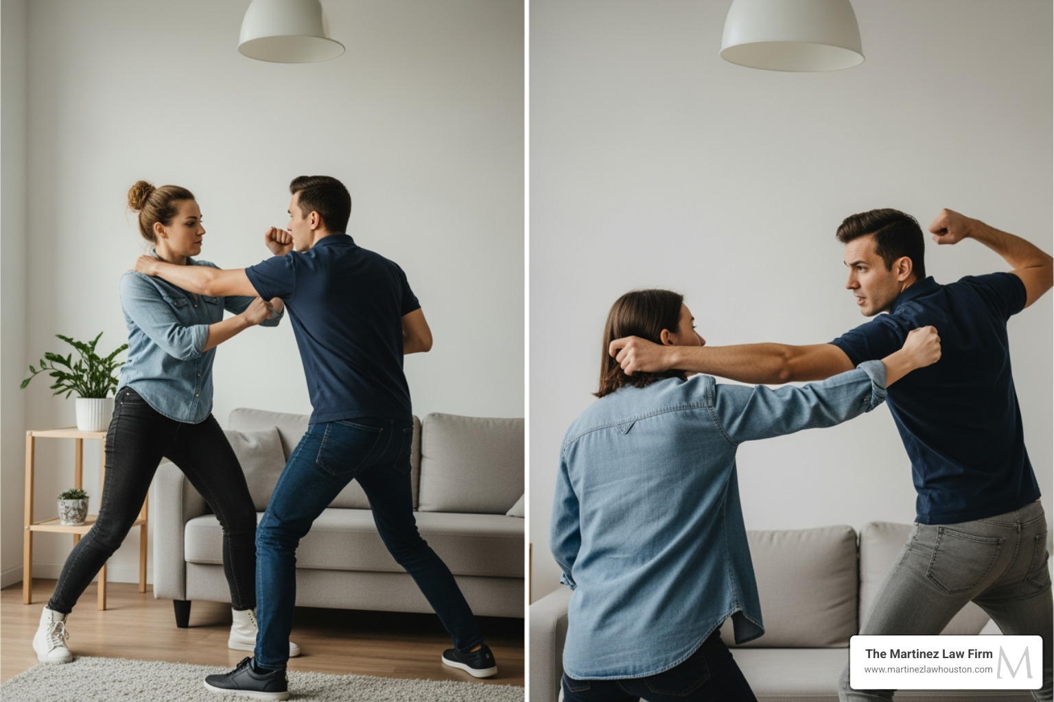 Timeline showing an immediate threat (person being attacked, responding with defensive force) versus retaliation (attacker has stopped, victim then attacks after the threat has ended) - how to prove self defense in domestic violence
