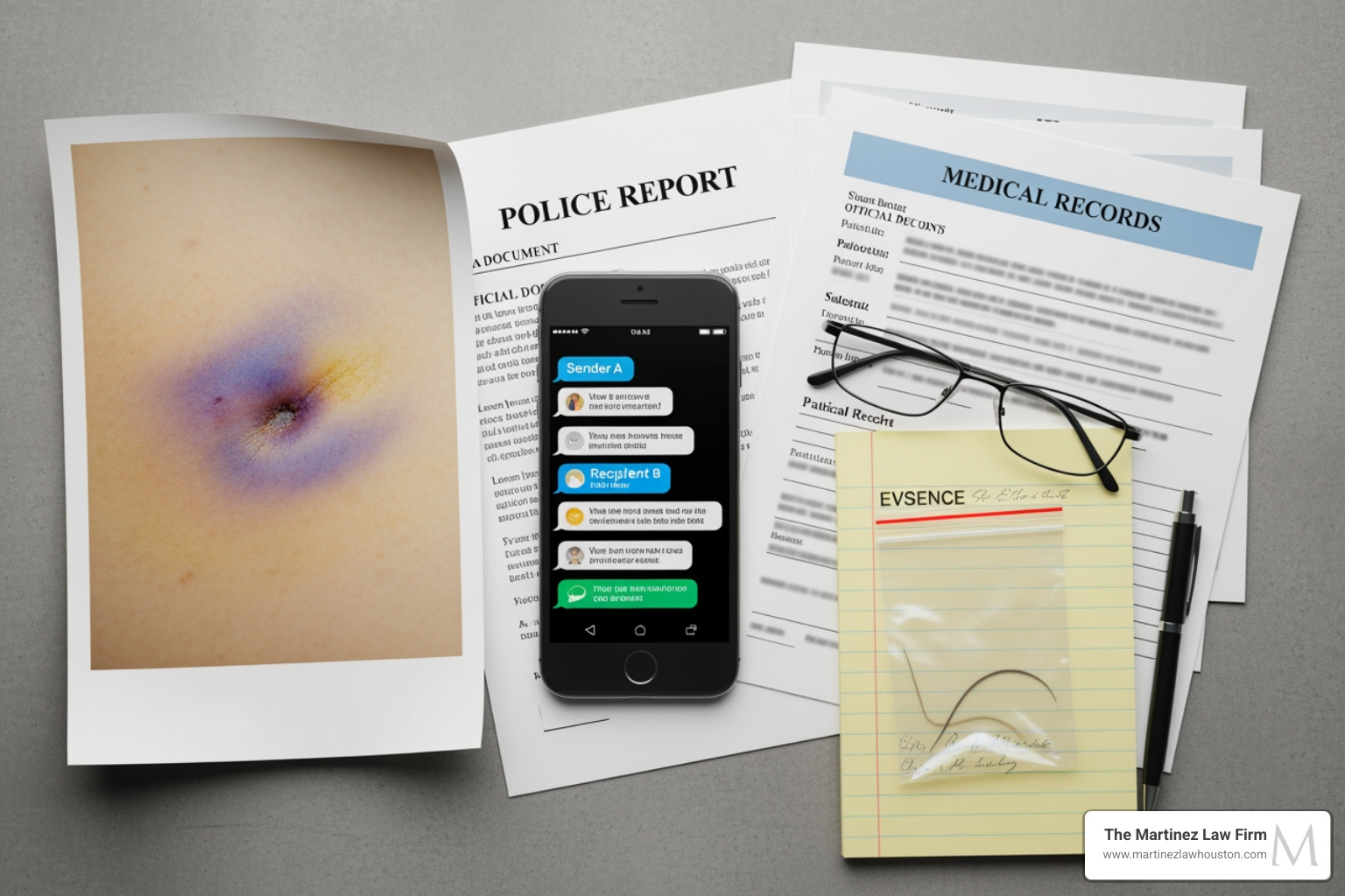 Various forms of evidence like photos of injuries, text messages, a police report, and medical documents - how to prove self defense in domestic violence