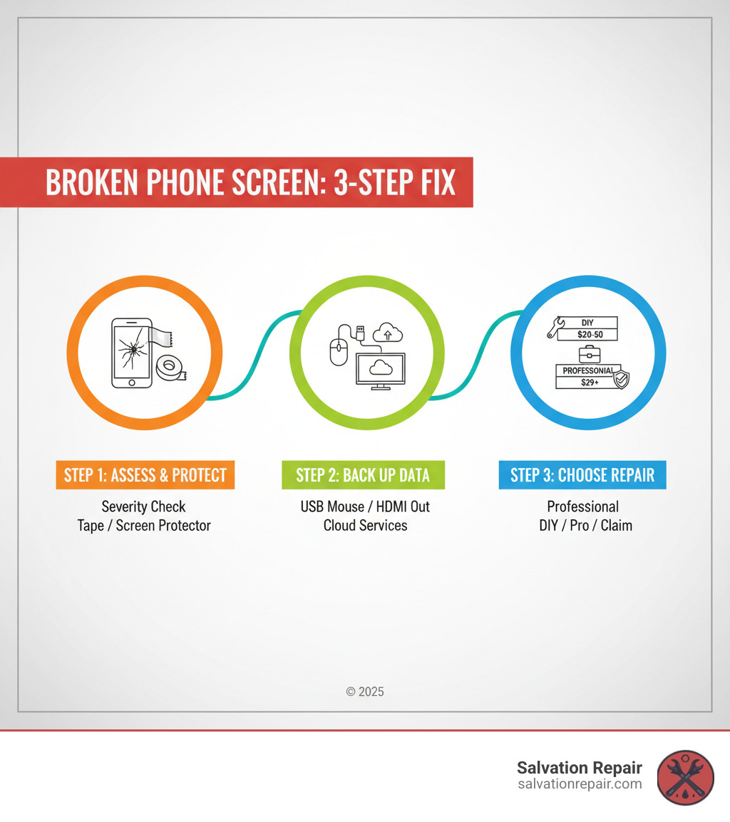 Infographic showing three main steps for handling a broken phone screen: Step 1 - Assess damage severity and apply temporary protection with tape or screen protector; Step 2 - Back up data using USB mouse, HDMI display, or cloud services; Step 3 - Choose repair option comparing DIY ($20-50), professional repair ($100-300), or insurance claim ($29 with coverage) - Broken phone screen infographic Infographic showing three main steps for handling a broken phone screen: Step 1 - Assess damage severity and apply temporary protection with tape or screen protector; Step 2 - Back up data using USB mouse, HDMI display, or cloud services; Step 3 - Choose repair option comparing DIY ($20-50), professional repair ($100-300), or insurance claim ($29 with coverage) - Broken phone screen infographic