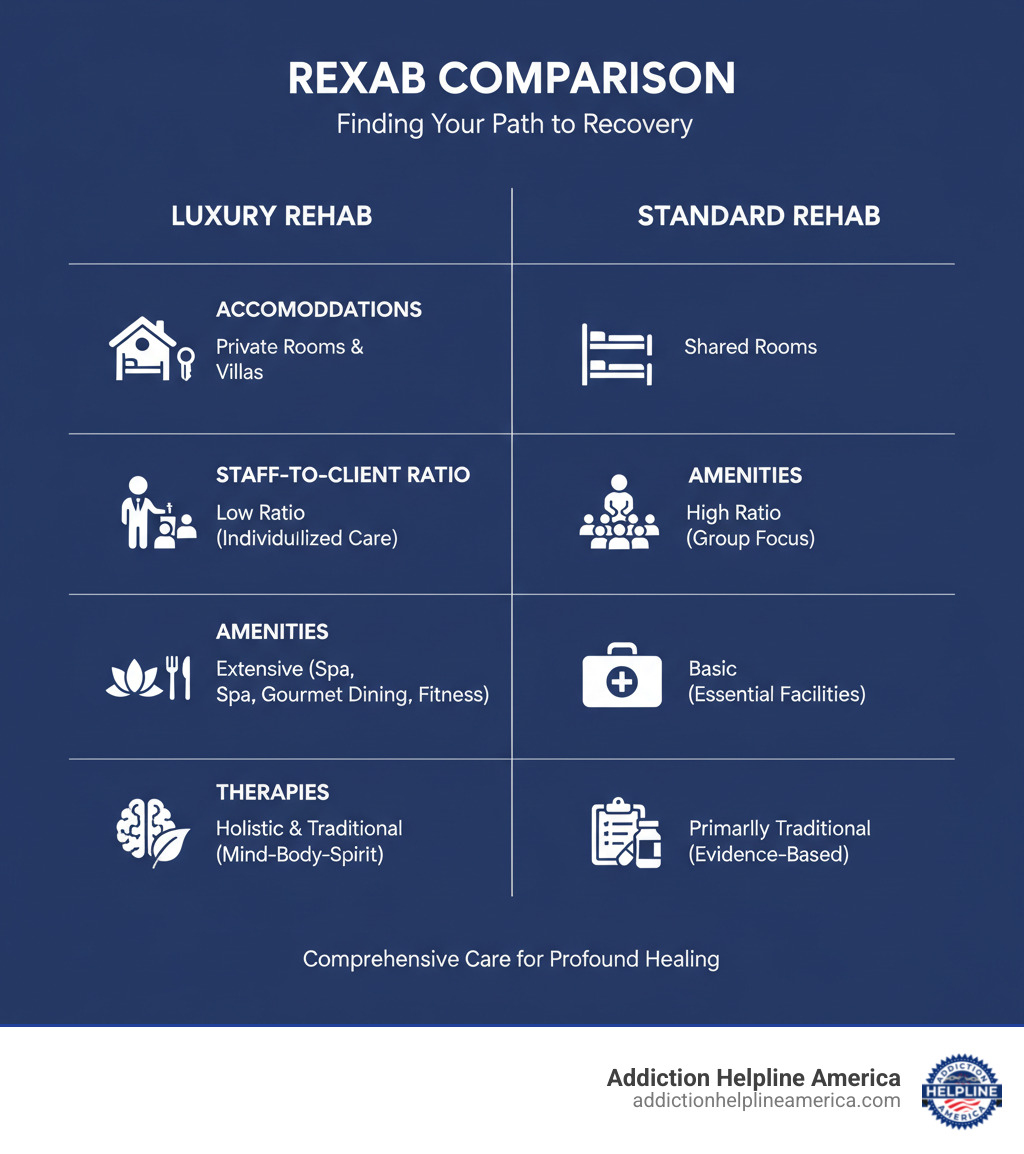 Infographic comparing Luxury Rehab vs. Standard Rehab on key features: Accommodations (Private vs. Shared), Staff-to-Client Ratio (Low vs. High), Amenities (Extensive vs. Basic), and Therapies (Holistic & Traditional vs. Primarily Traditional). - find luxury rehab infographic Infographic comparing Luxury Rehab vs. Standard Rehab on key features: Accommodations (Private vs. Shared), Staff-to-Client Ratio (Low vs. High), Amenities (Extensive vs. Basic), and Therapies (Holistic & Traditional vs. Primarily Traditional). - find luxury rehab infographic