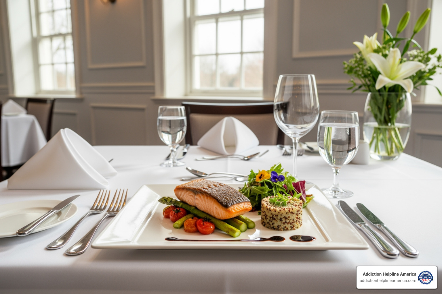 a gourmet, healthy meal being served in an neat dining room - find luxury rehab a gourmet, healthy meal being served in an neat dining room - find luxury rehab
