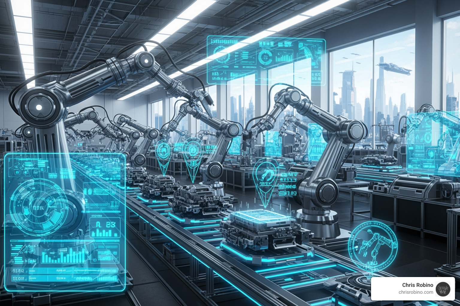 A futuristic manufacturing plant with robotic arms and data overlays - AI driven automation A futuristic manufacturing plant with robotic arms and data overlays - AI driven automation