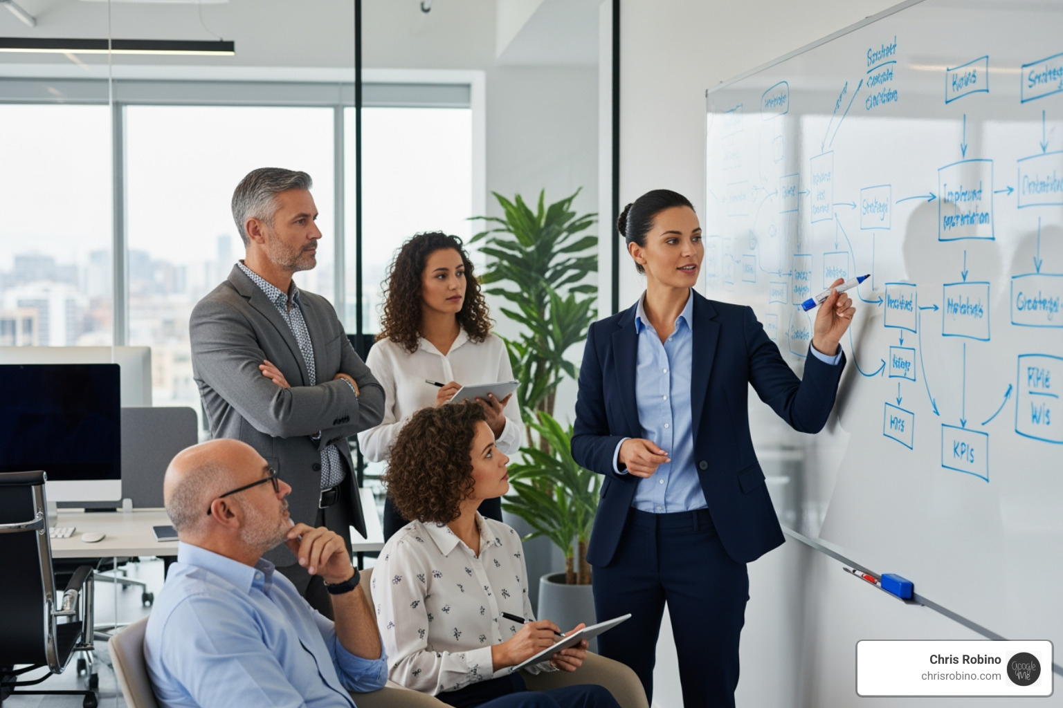 consultant collaborating with a business team around a whiteboard - Digital innovation consulting