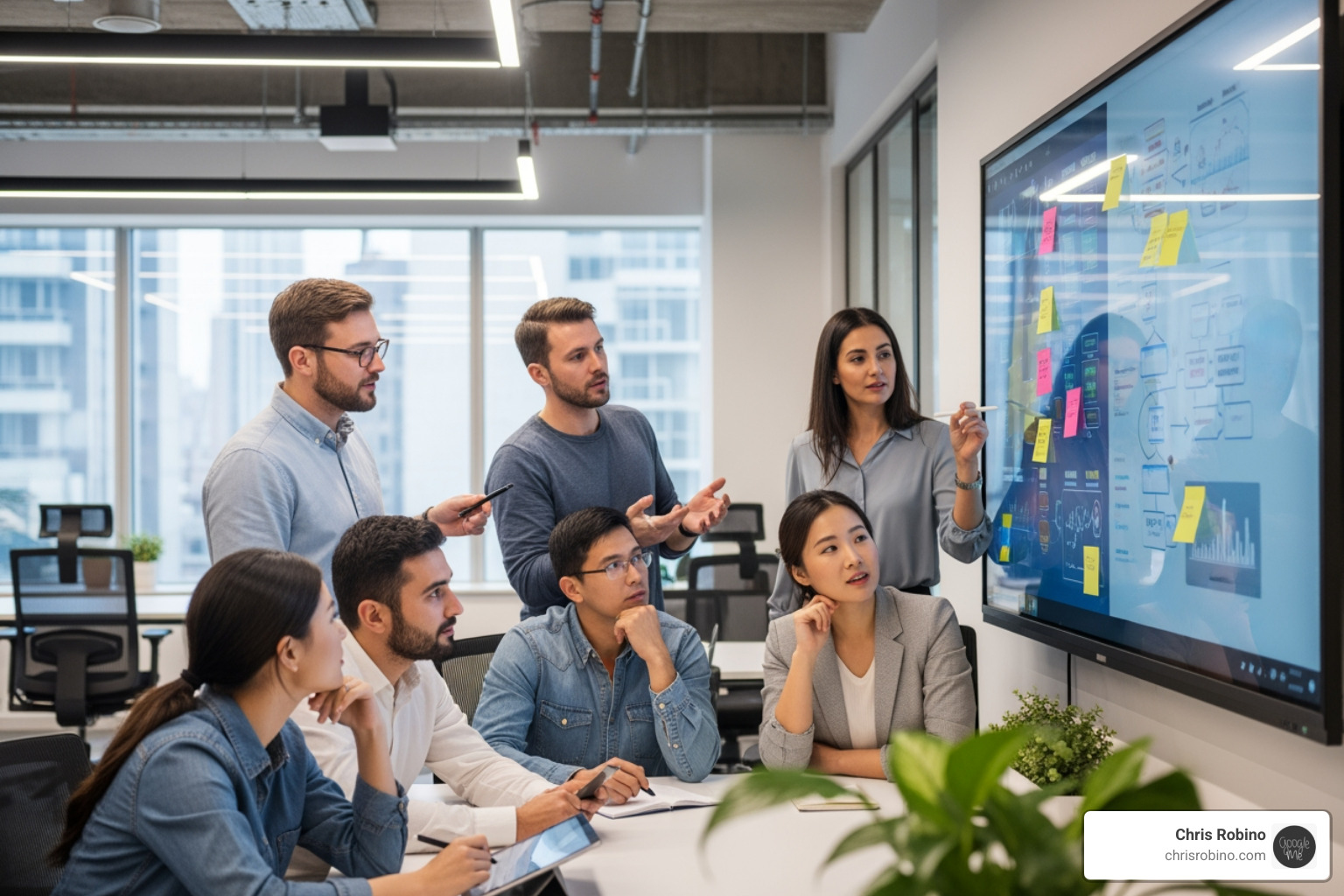 A diverse team collaborating around a digital whiteboard, illustrating active engagement and idea sharing - innovation advisory services