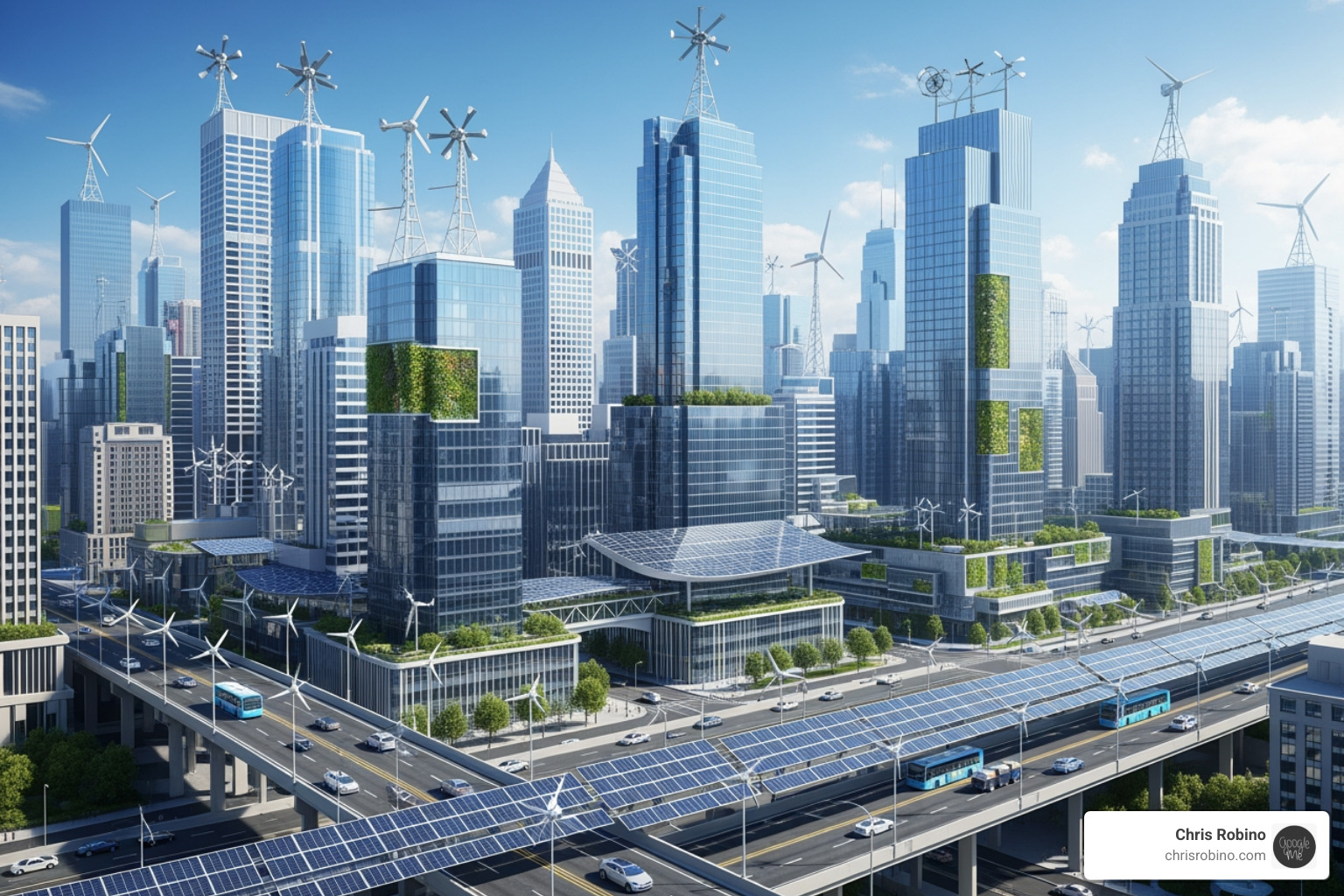 Sustainable energy sources like wind turbines and solar panels integrated into a cityscape, symbolizing eco-friendly urban development - innovation advisory services