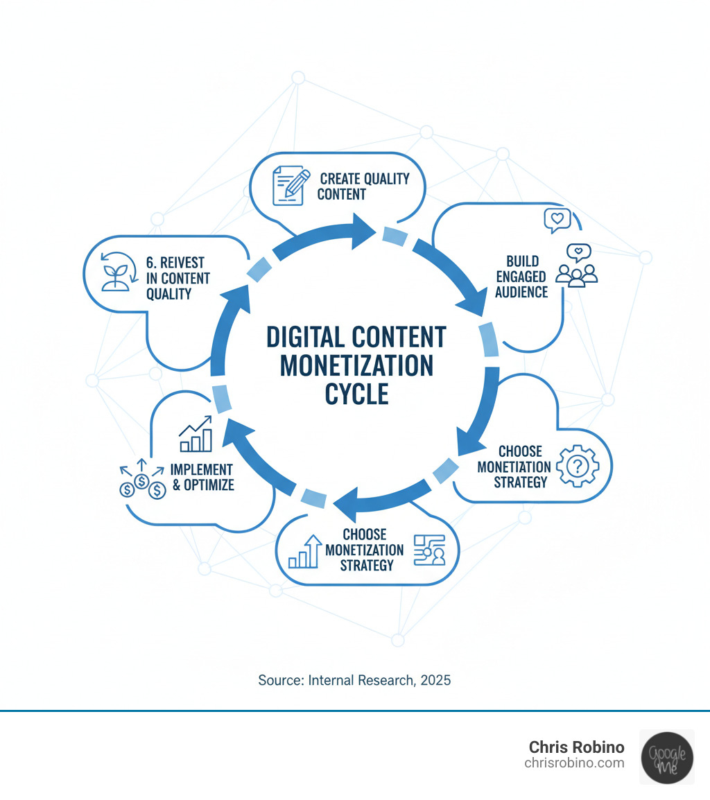 Infographic showing the digital content monetization cycle: Create Quality Content → Build Engaged Audience → Choose Monetization Strategy → Implement & Optimize → Diversify Revenue Streams → Reinvest in Content Quality - digital content monetization infographic 