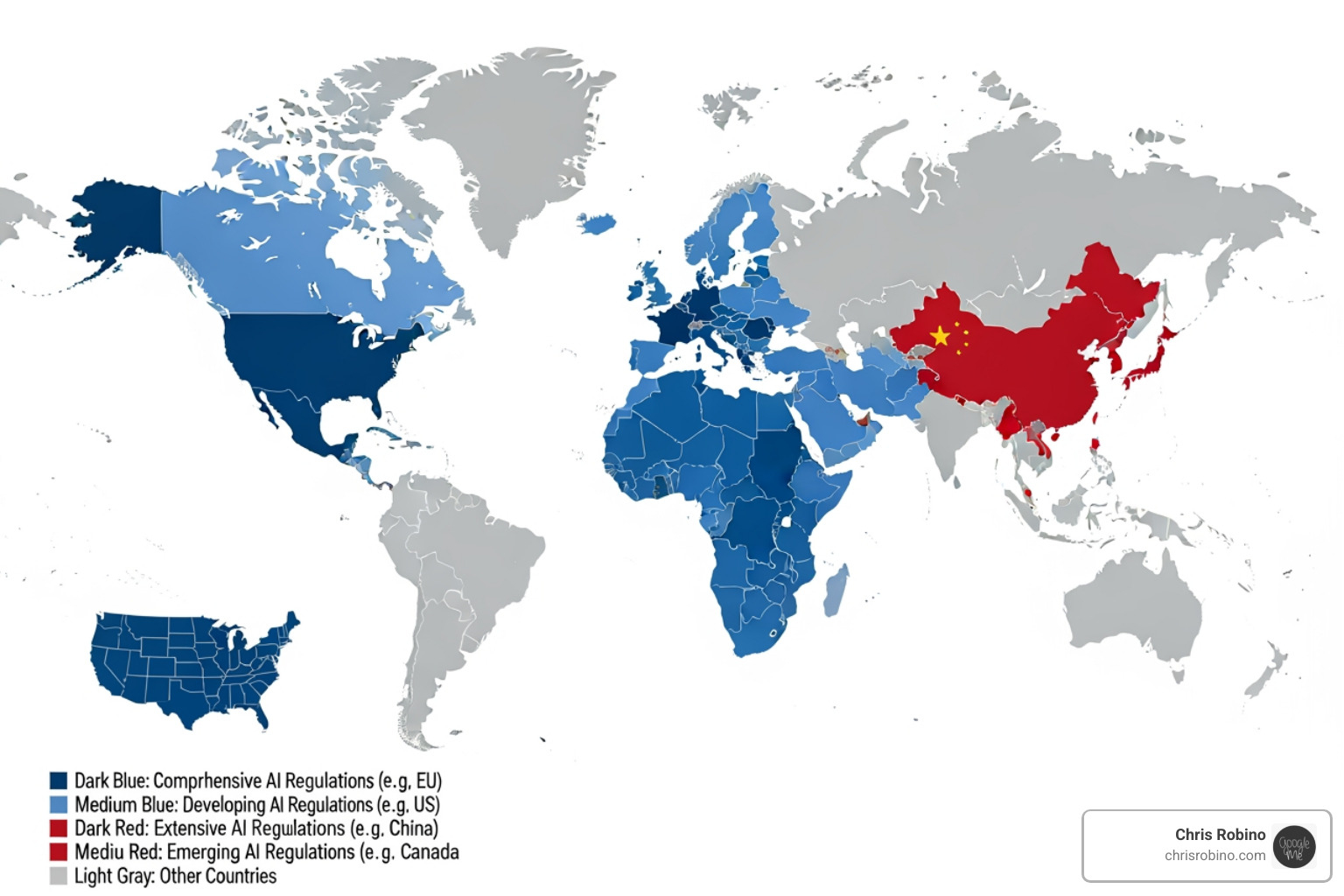 World map highlighting key regions with active AI regulations (EU, US, China, Canada) - AI regulatory compliance