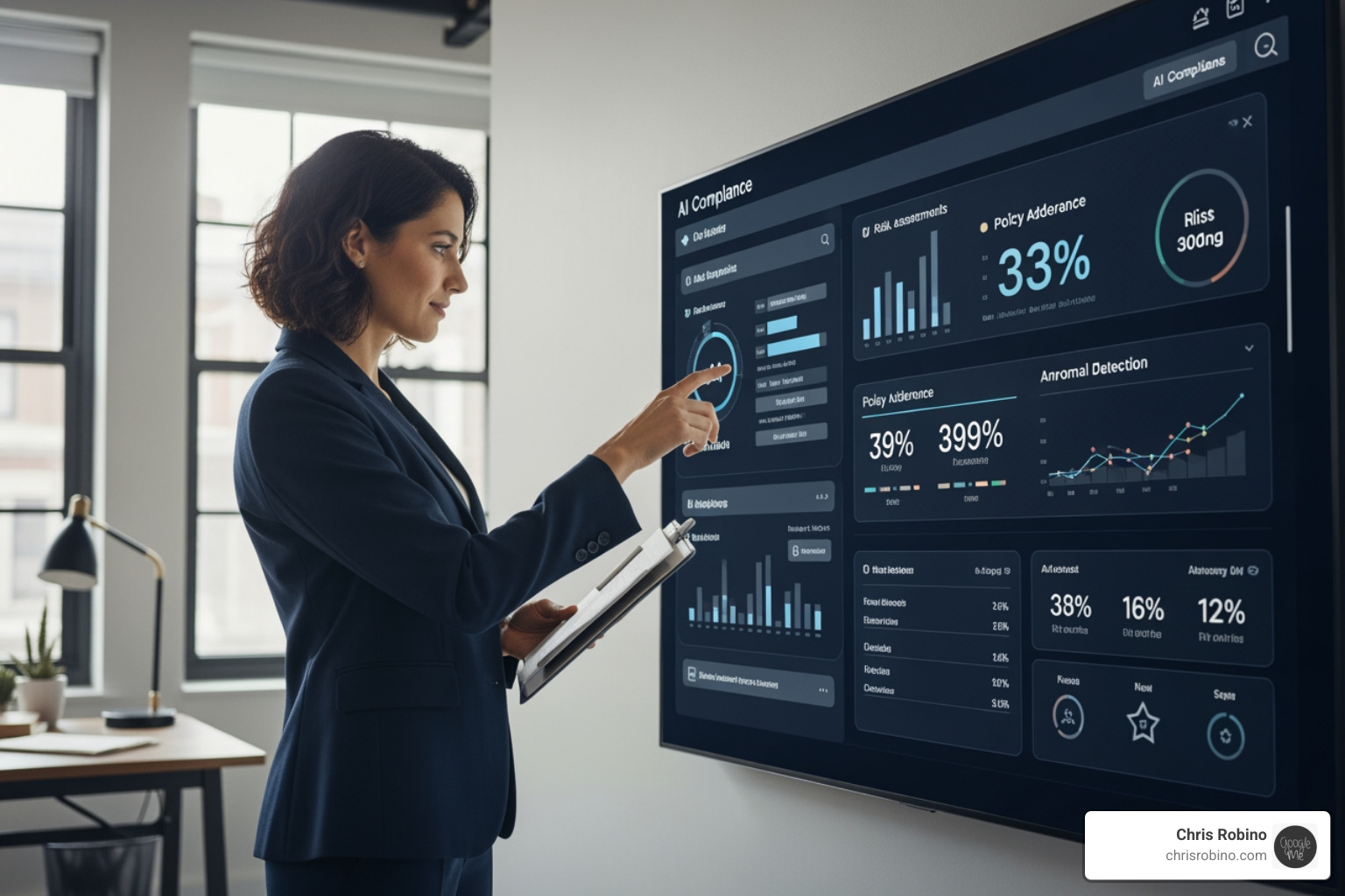 Compliance professional collaborating with an AI interface on a dashboard - AI regulatory compliance