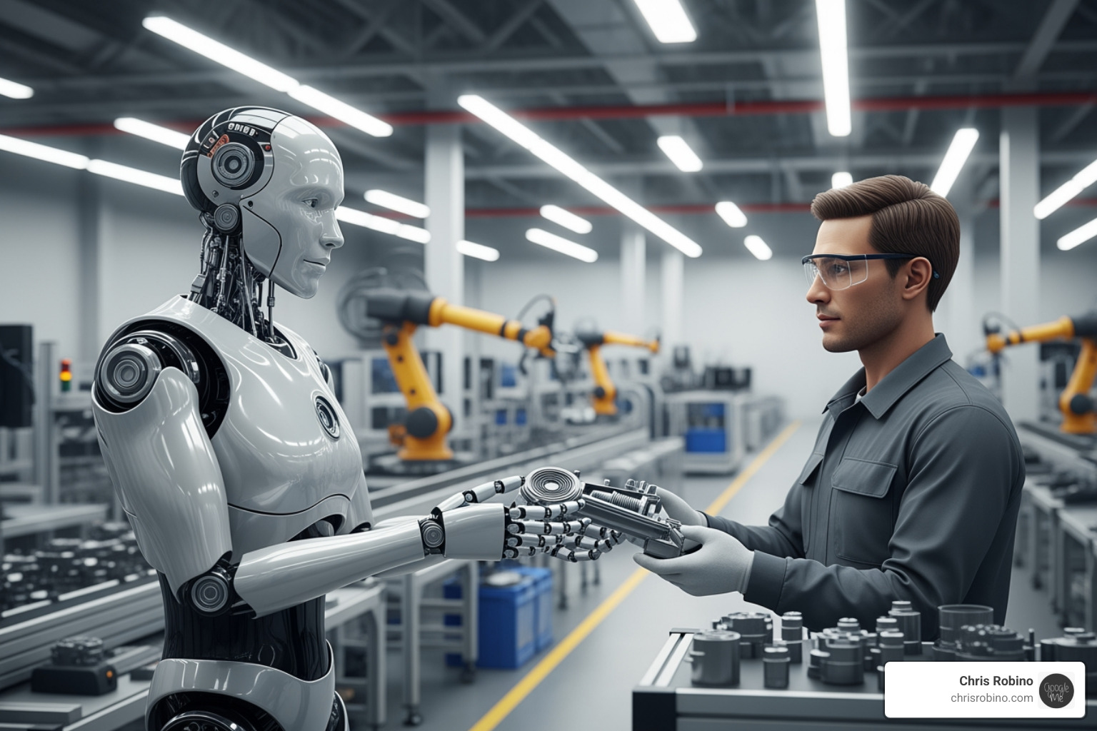 humanoid robot collaborating with human in manufacturing setting - future business technology trends