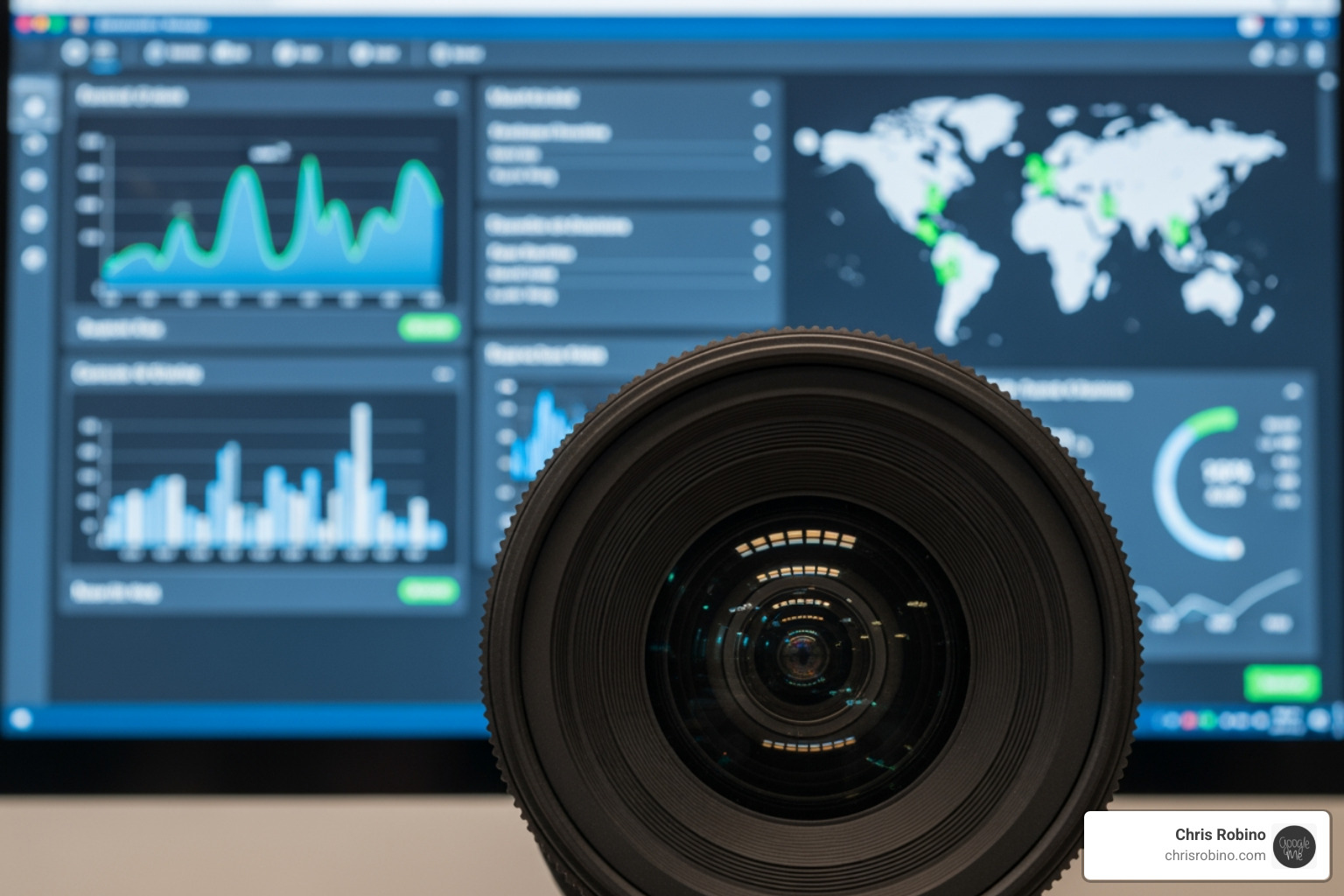 A camera lens focused on a computer screen displaying a clean, modern software user interface with data visualizations and interactive elements - saas video marketing