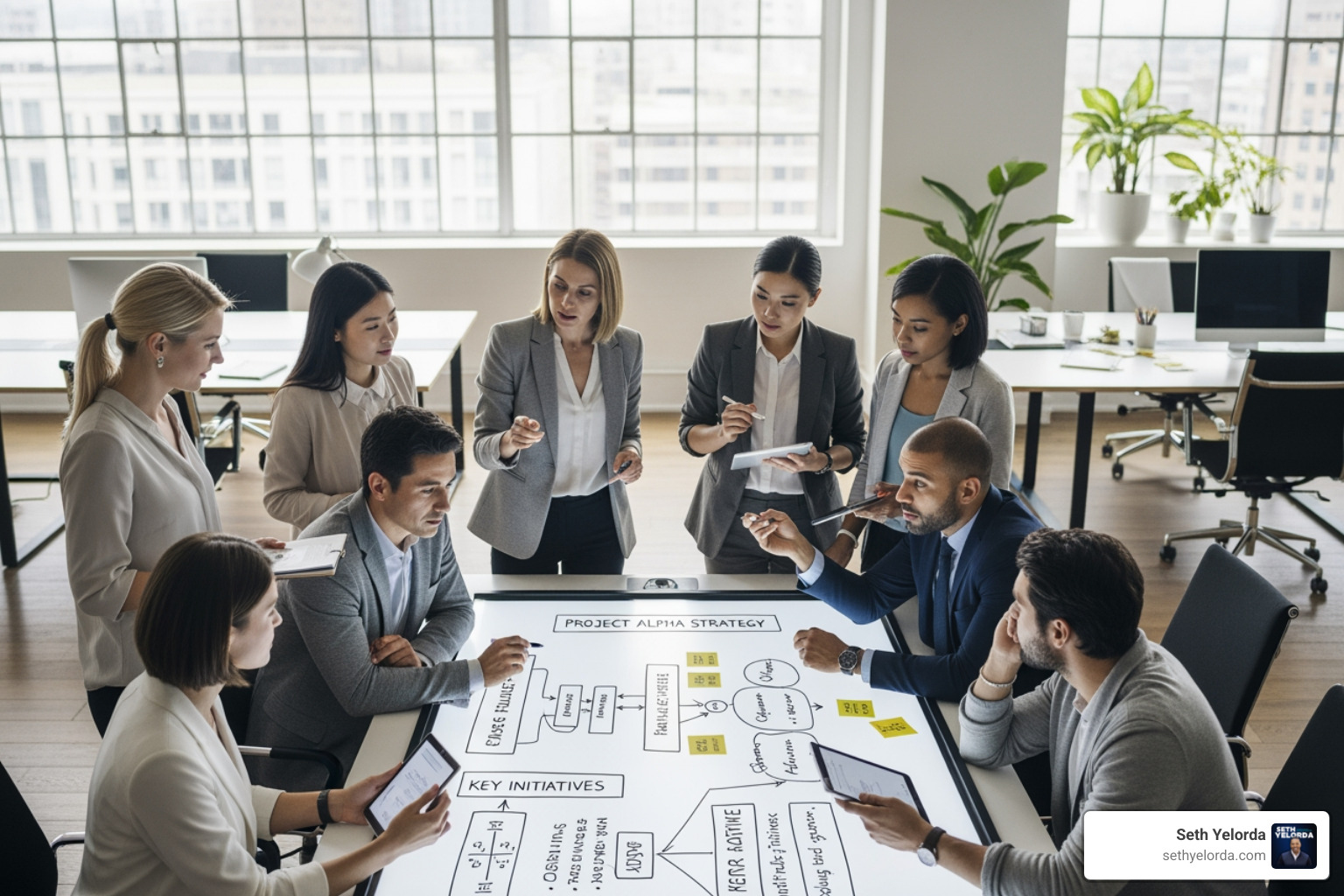 diverse team collaborating on whiteboard - Company strategic vision