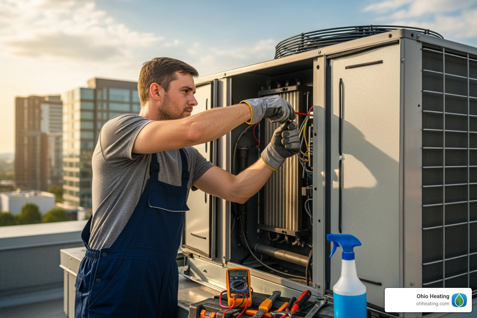 technician cleaning commercial air conditioner coils - Commercial AC repair Columbus