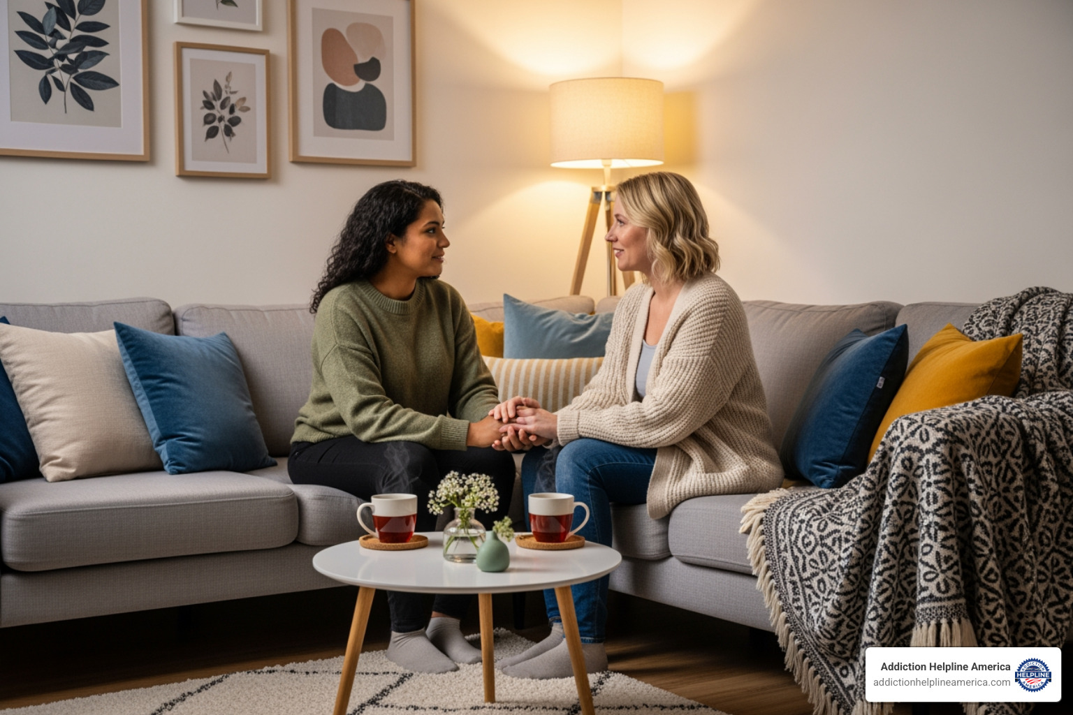 two women having a supportive conversation on a comfortable sofa - Women's rehab California two women having a supportive conversation on a comfortable sofa - Women's rehab California