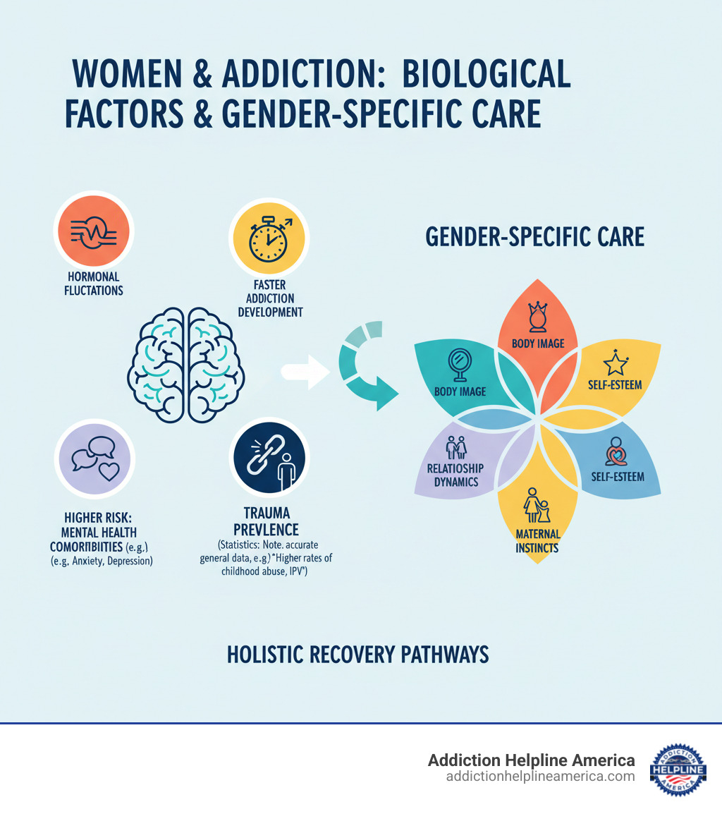 infographic showing biological factors affecting women's addiction including hormonal fluctuations, faster addiction development rates, higher risk of co-occurring mental health disorders, trauma prevalence statistics, and the importance of gender-specific care in addressing body image, self-esteem, maternal instincts, and relationship dynamics - Women's rehab California infographic infographic showing biological factors affecting women's addiction including hormonal fluctuations, faster addiction development rates, higher risk of co-occurring mental health disorders, trauma prevalence statistics, and the importance of gender-specific care in addressing body image, self-esteem, maternal instincts, and relationship dynamics - Women's rehab California infographic