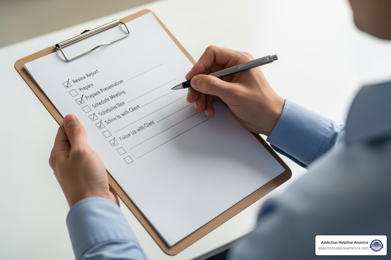 person reviewing a checklist on a clipboard - Oceanside drug rehab person reviewing a checklist on a clipboard - Oceanside drug rehab