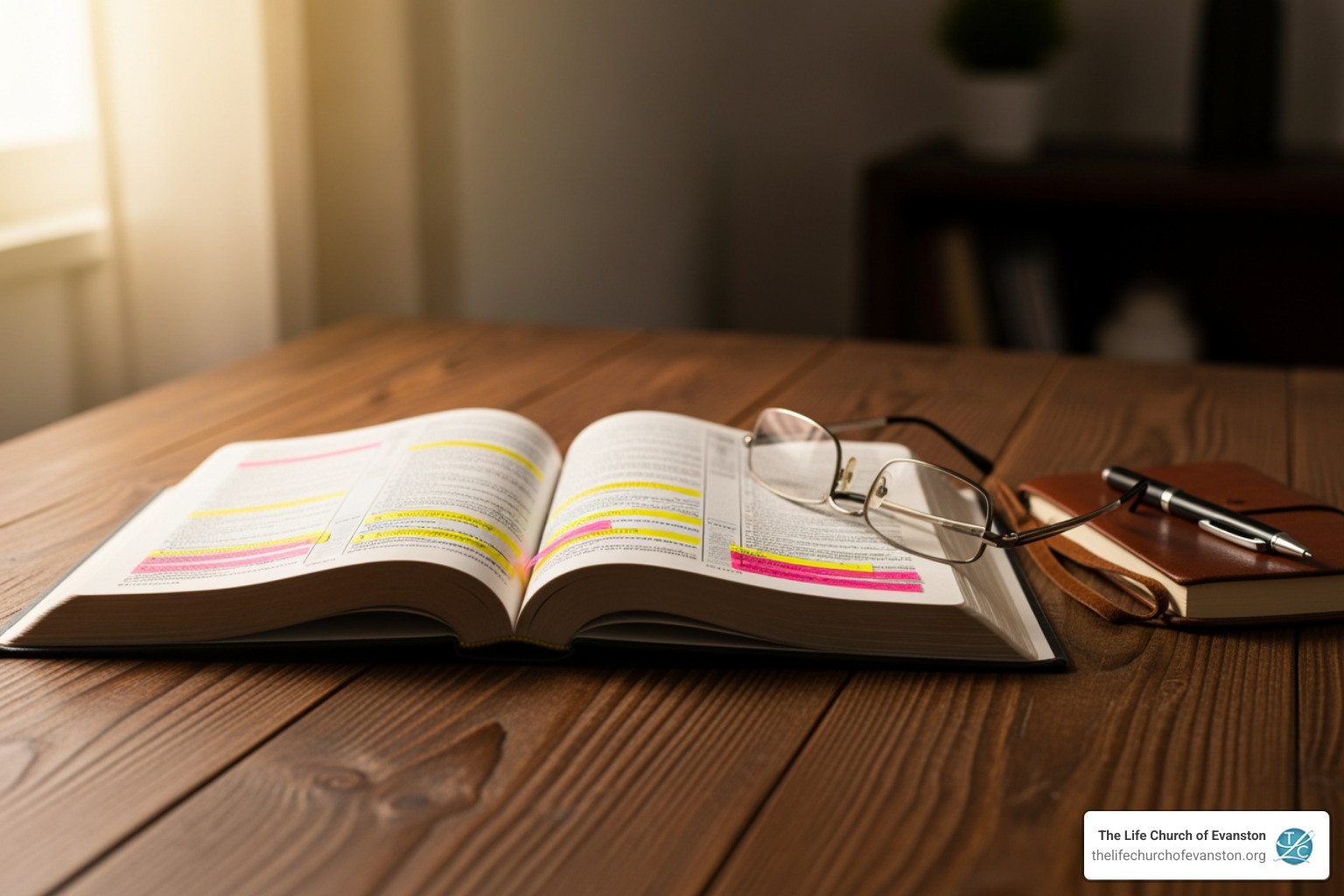 An open Bible on a table with highlighted verses, symbolizing deep study and personal reflection. - bible study evanston