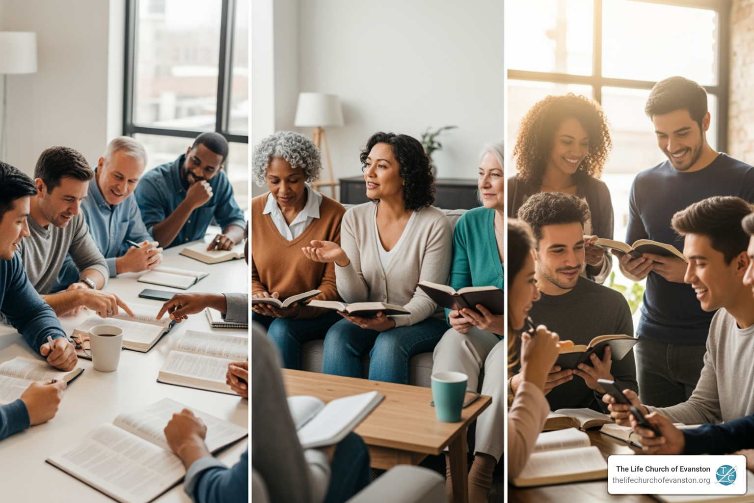 A collage showing different groups: men, women, and young adults studying together, reflecting the diversity of Bible study communities. - bible study evanston
