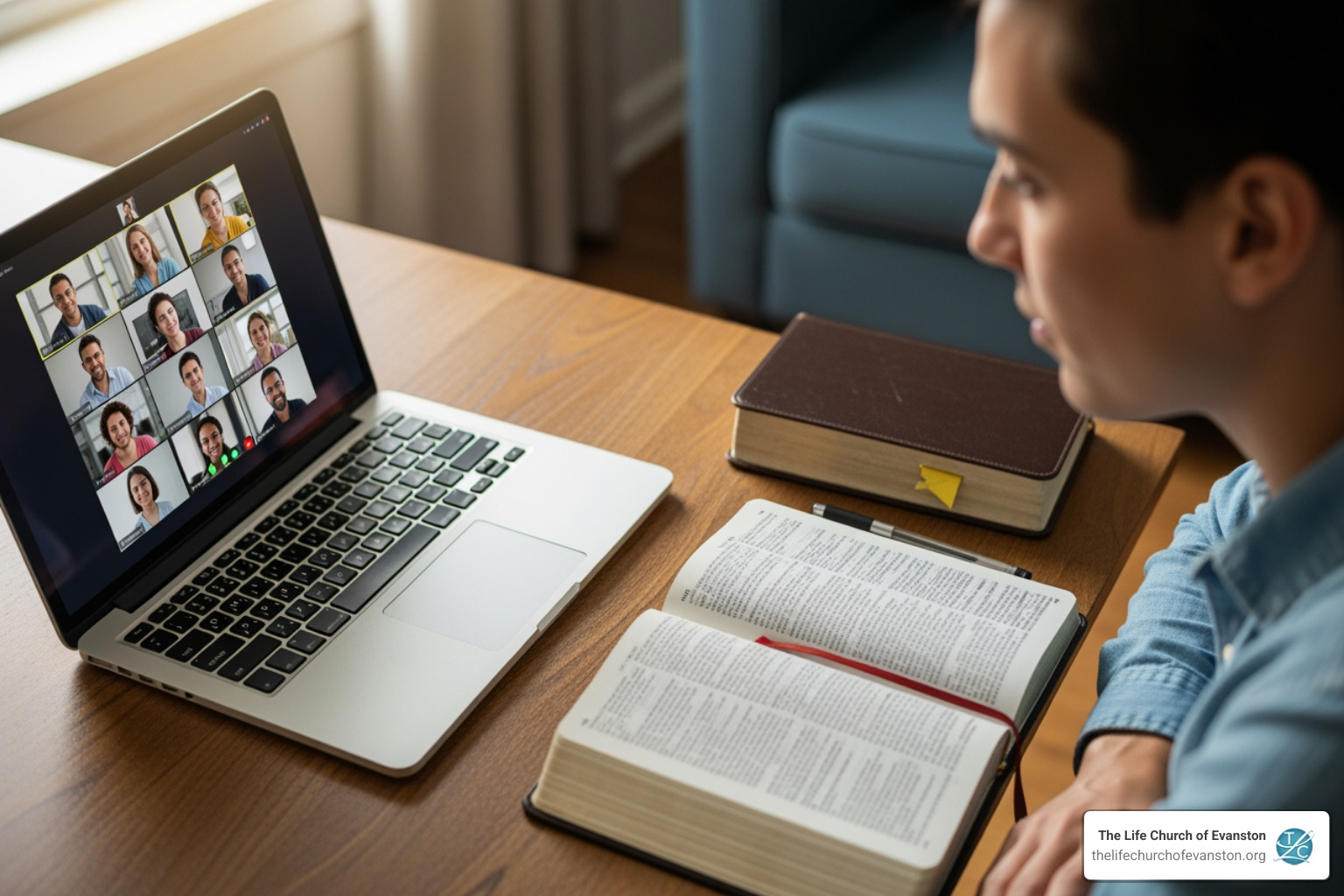 A person participating in a video call on a laptop with a Bible next to them, illustrating online Bible study. - bible study evanston