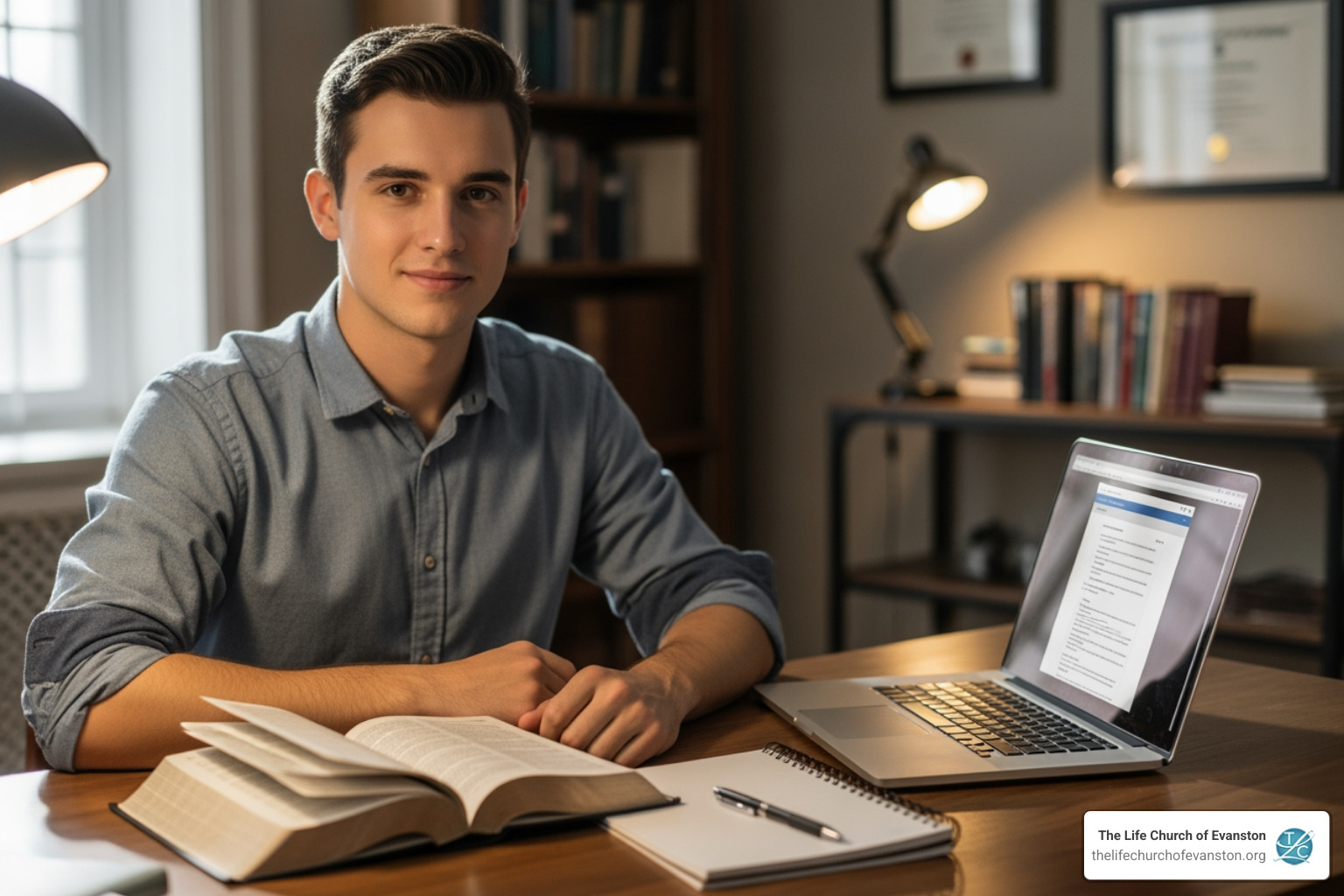 youth leader at a desk with an open Bible, a notebook, and a laptop - Teen Bible study