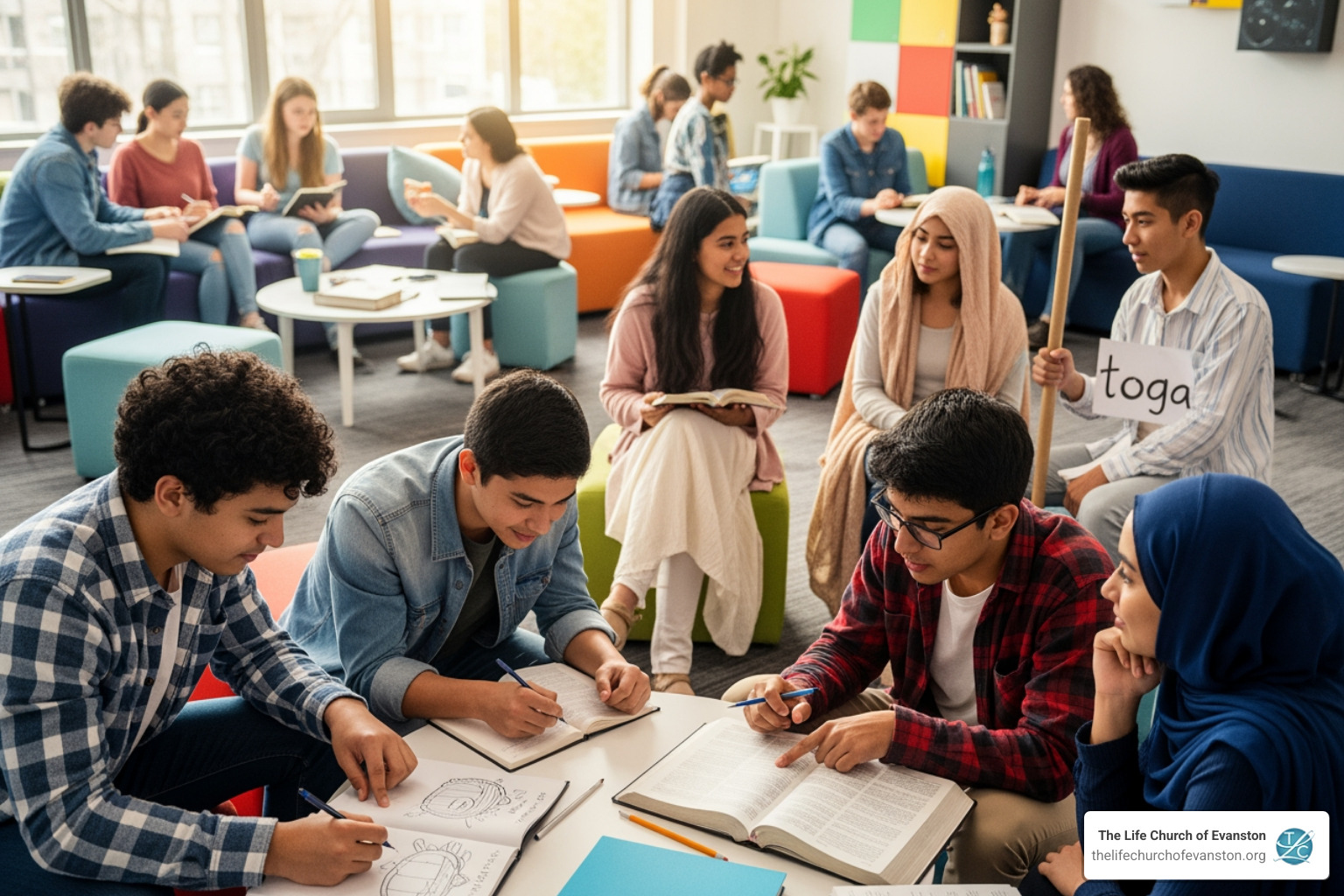 teens actively participating in a Bible study activity, like drawing or acting - Teen Bible study