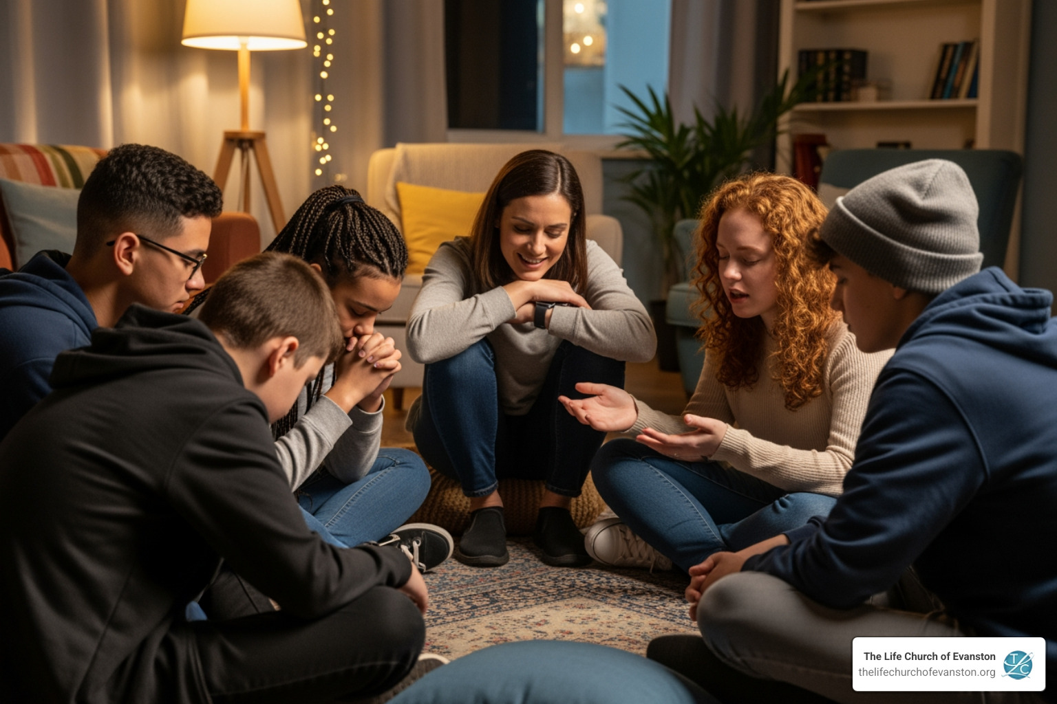 small group of teens in a circle, praying or in deep conversation with a leader - Teen Bible study