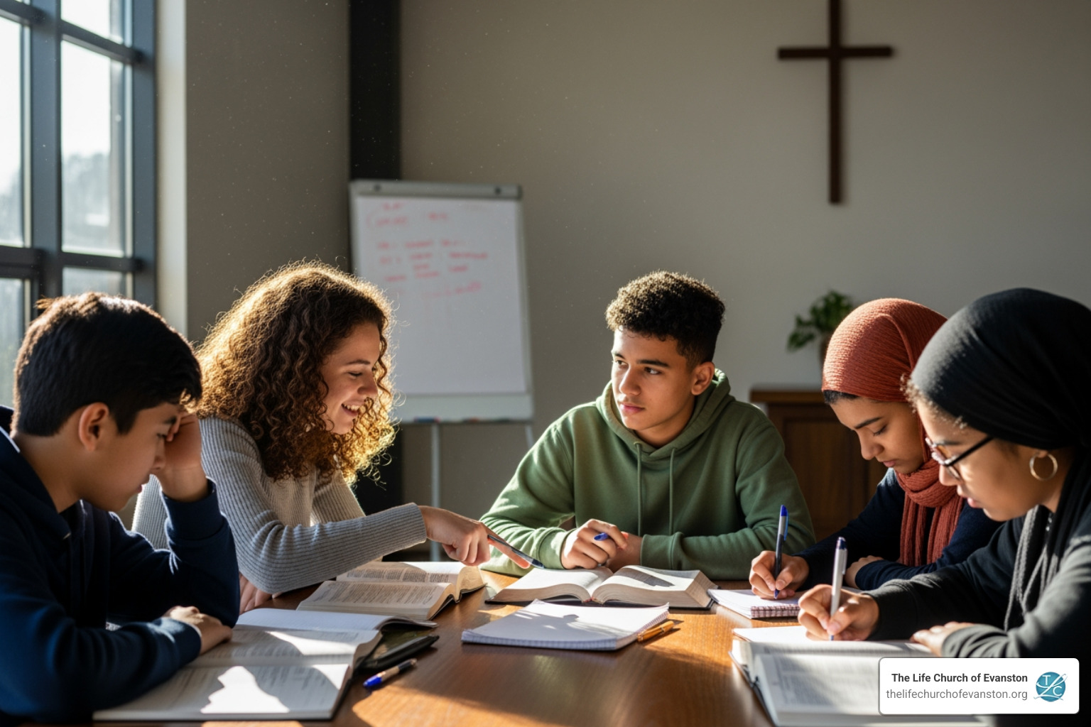 collection of Bibles, study guides, and a tablet displaying a Bible app - Teen Bible study
