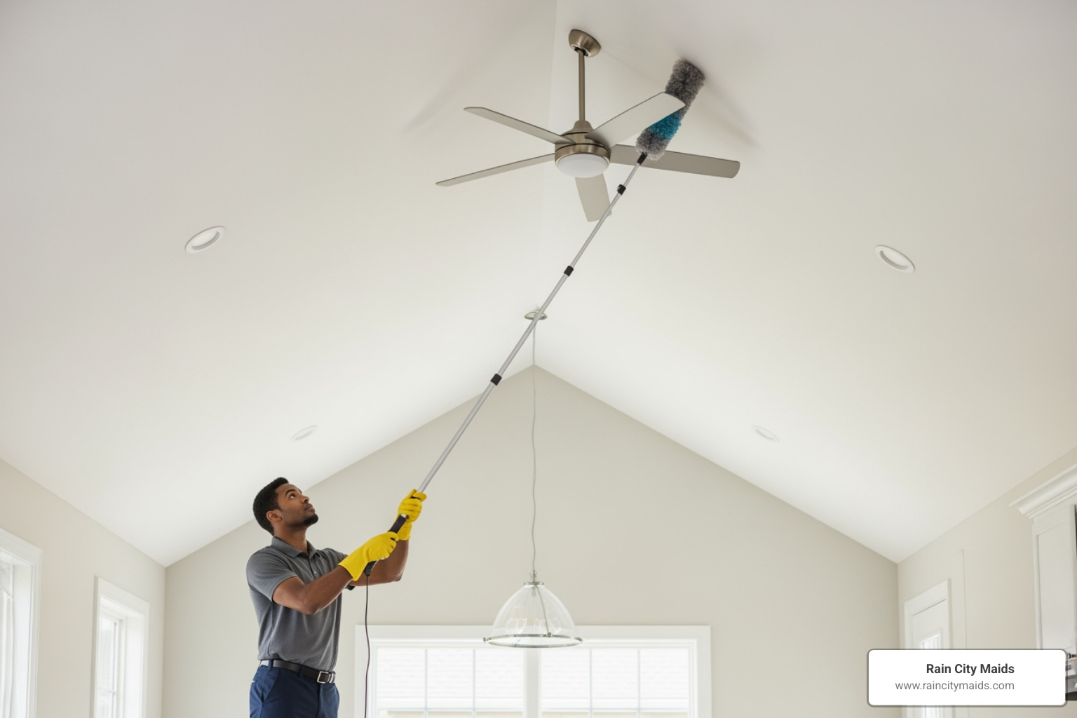 A cleaning professional safely cleaning a fan on a vaulted ceiling using an extendable duster, demonstrating expert service - ceiling fan dusting in bothell, wa