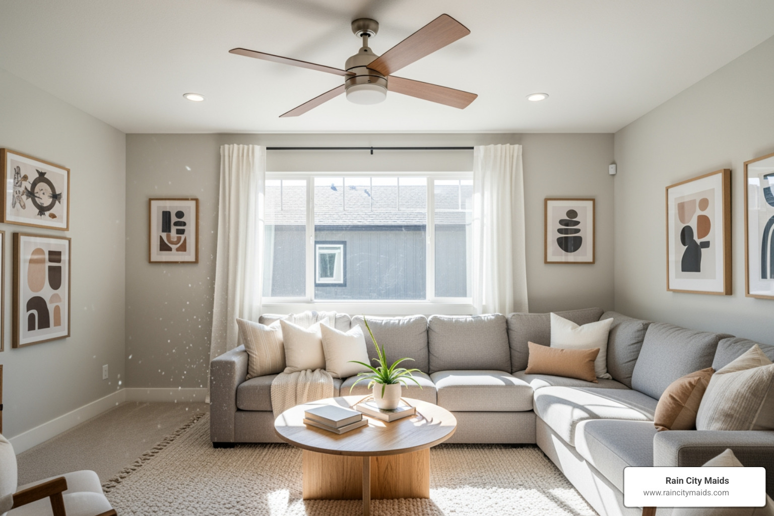 A bright, clean living room in Bothell with a spotless ceiling fan, sunlight streaming in through a window - ceiling fan dusting in bothell, wa