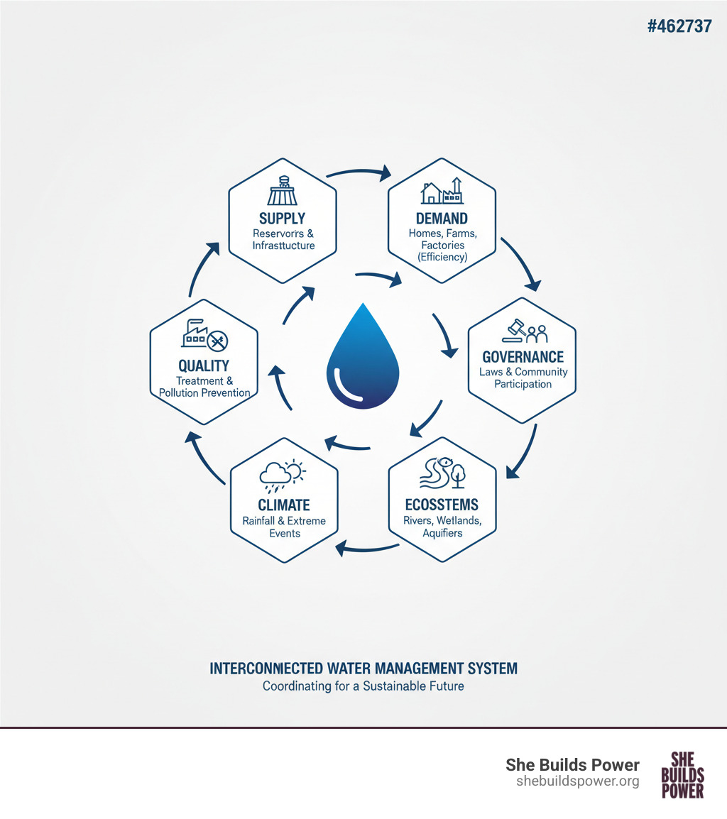 Infographic showing the interconnected water management system: at the center is a water droplet, with arrows pointing to six surrounding elements - Supply (reservoirs and infrastructure), Demand (homes, farms, factories using water efficiently), Quality (treatment plants and pollution prevention), Governance (laws and community participation), Climate (rainfall patterns and extreme events), and Ecosystems (rivers, wetlands, and aquifers). All elements connect back to the center, showing how effective water resource management requires coordinating all these components together. - Water resource management infographic 