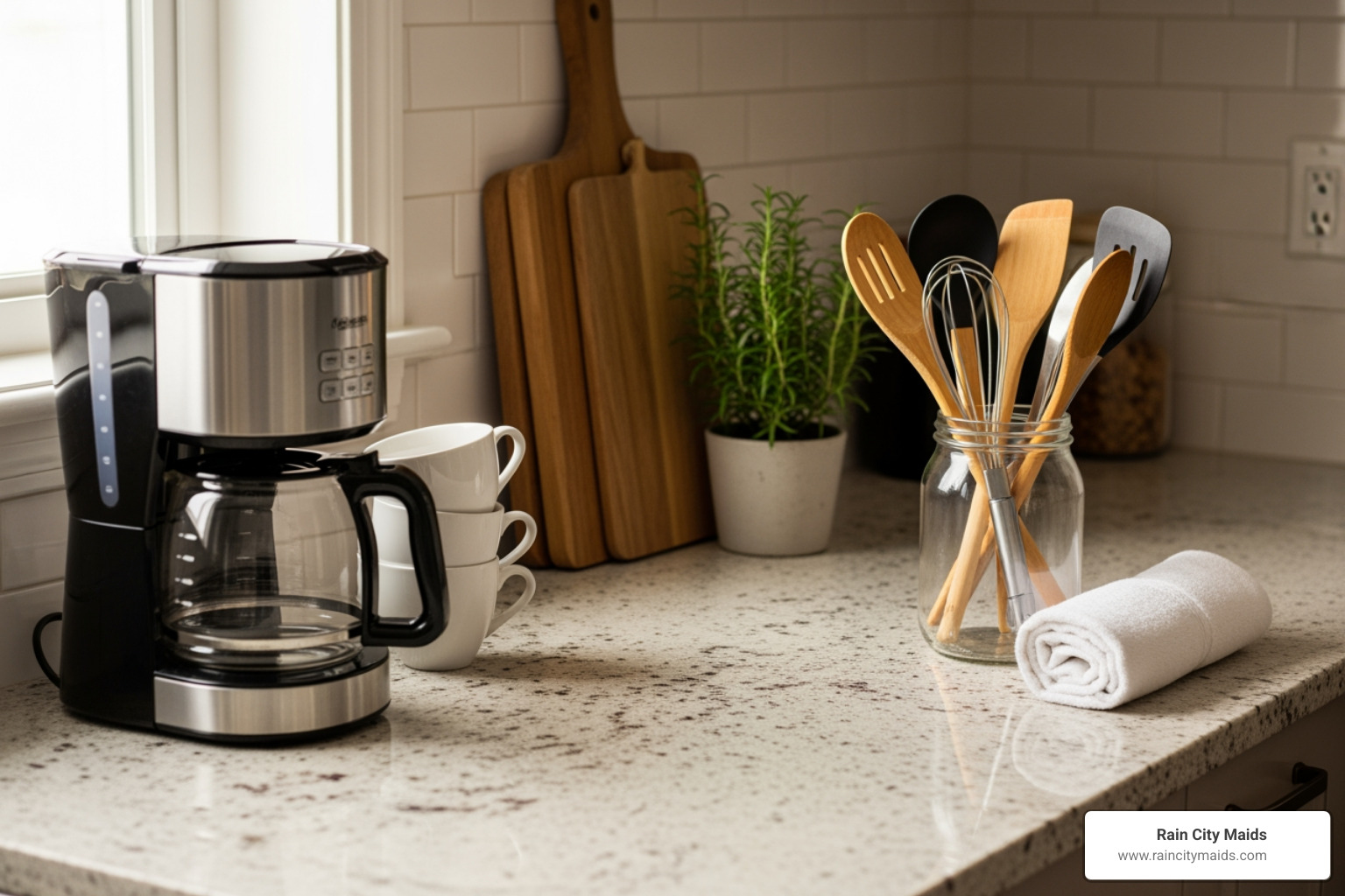A decluttered kitchen countertop with a few neatly arranged, clean items, ready for a professional cleaning service - professional cleaners near me in lake forest park, wa