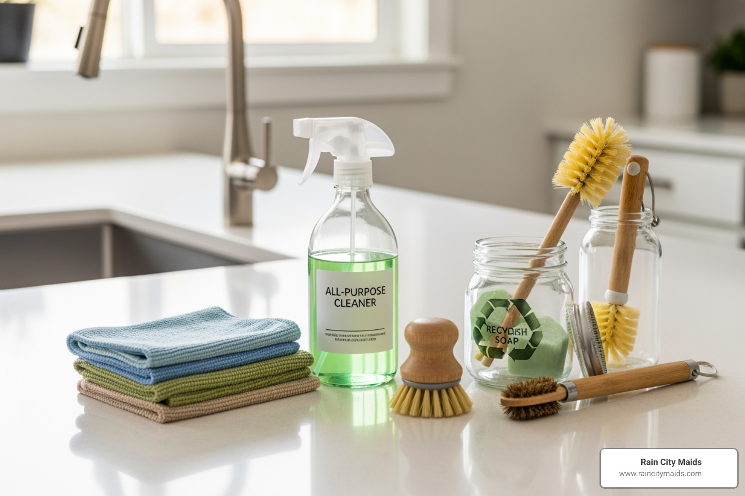 Various cleaning supplies, including eco-friendly products, neatly arranged on a clean kitchen counter - professional cleaners near me in lake forest park, wa