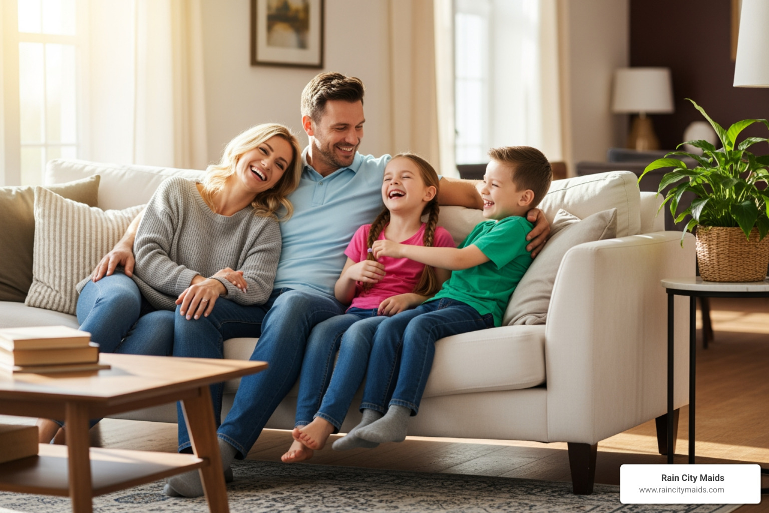 A happy family, including parents and two children, relaxing and laughing together on a spotless living room sofa - professional cleaners near me in lake forest park, wa
