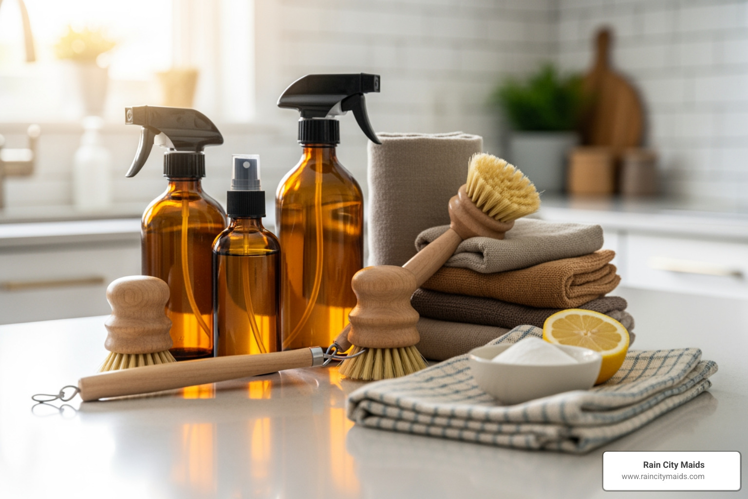 A collection of eco-friendly cleaning supplies arranged neatly on a kitchen counter - seasonal deep cleaning in bothell, wa