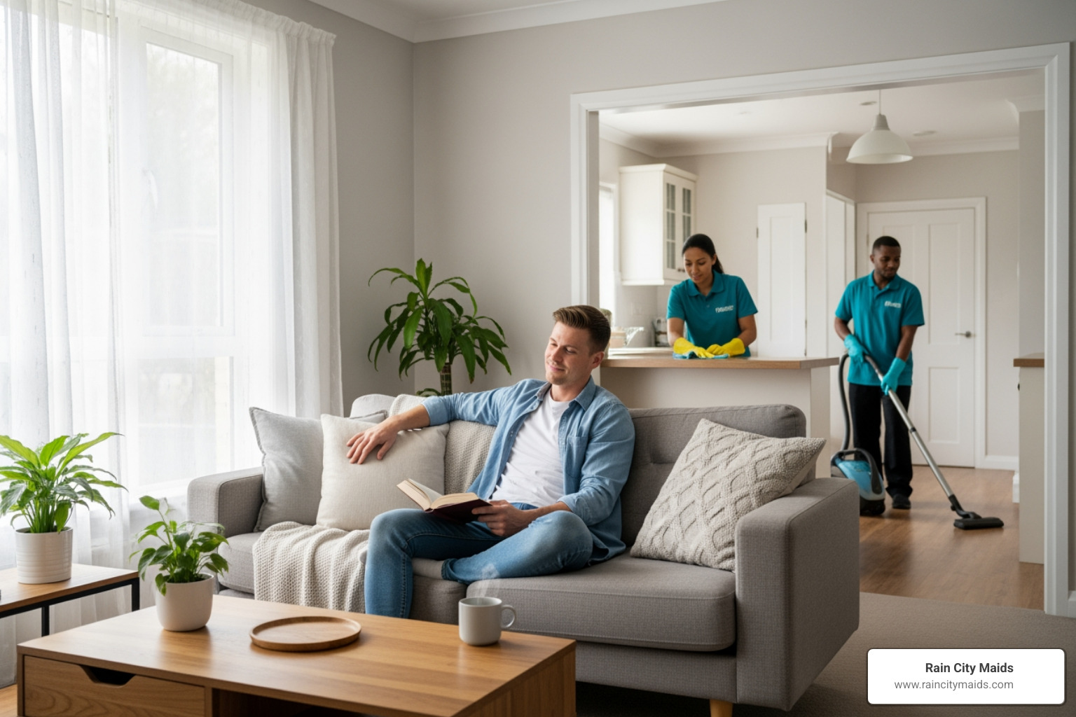 A homeowner relaxing on a sofa while a professional cleaning team works diligently in the background - seasonal deep cleaning in bothell, wa